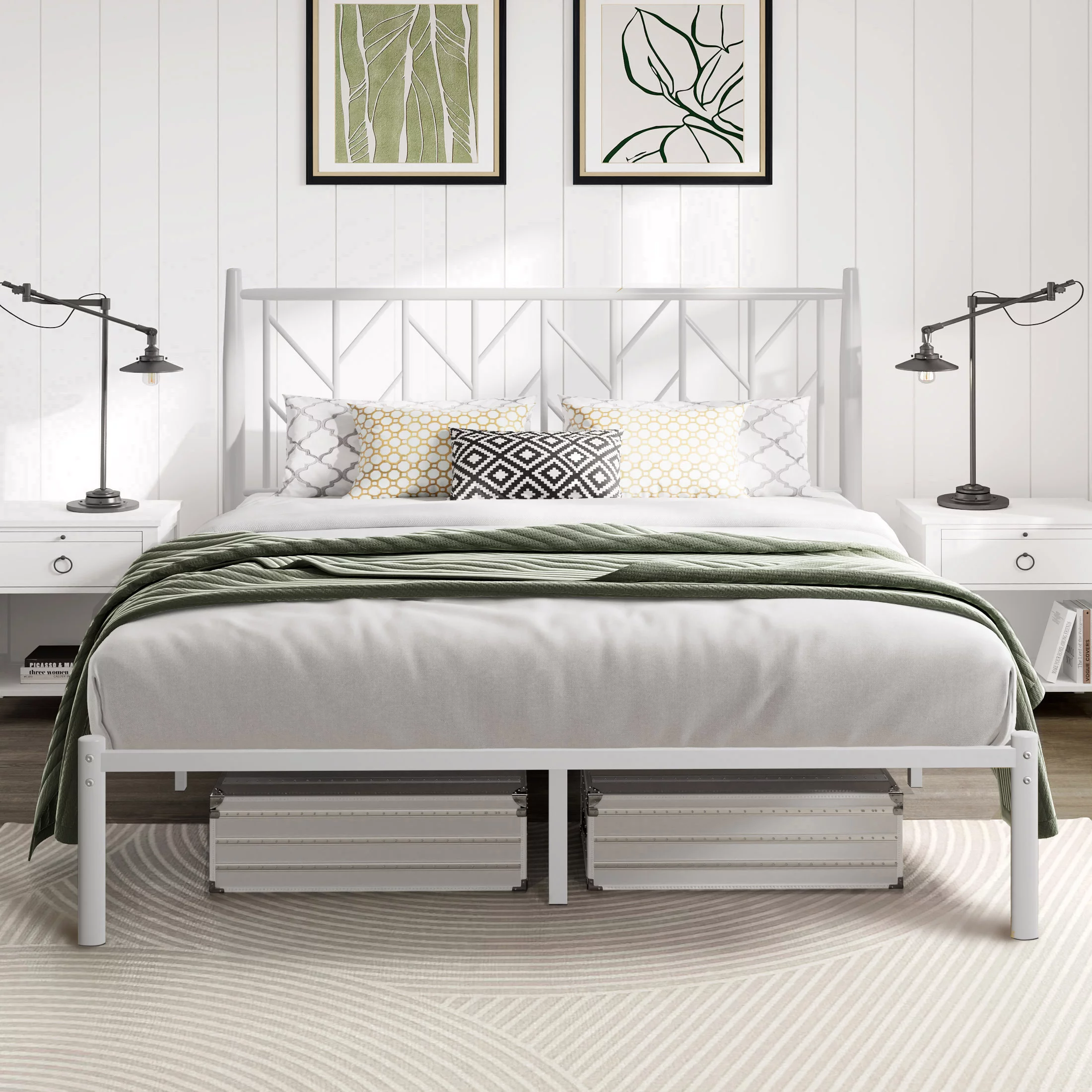 Allewie Full Size White Metal Platform Bed Frame with Vintage Headboard, No Box Spring Needed