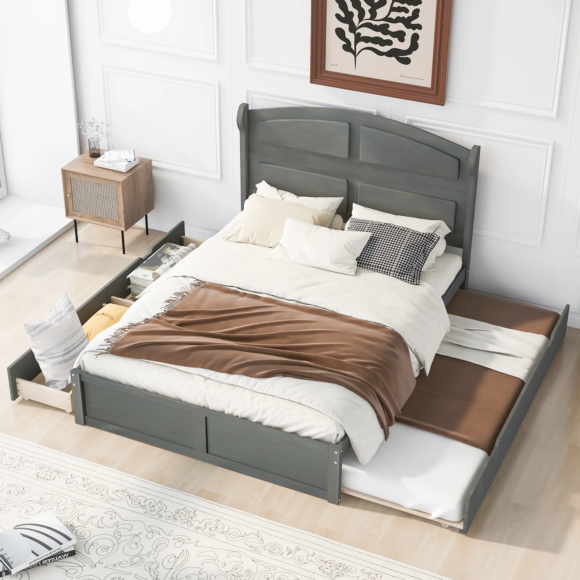 Queen Size Solid Wood Platform Bed, Wooden Slats Support, Storage Platform Bed with Twin Size Trundle and 2 Drawers, No Box Spring Needed, Easy Assembly(Gray, Queen)