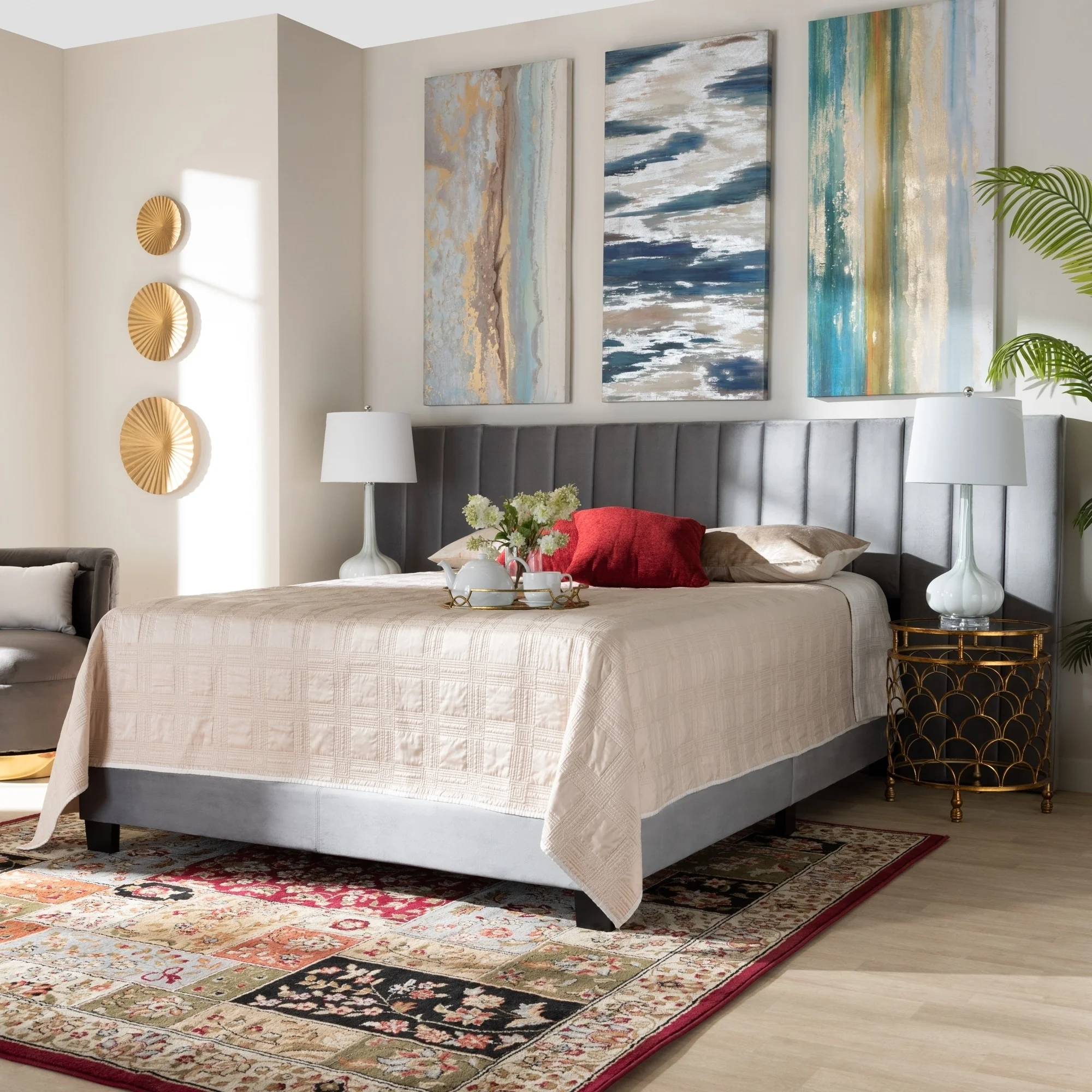 Silver Orchid Trouhanowa Glam and Luxe Upholstered Panel Bed with Extra Wide Headboard Grey King