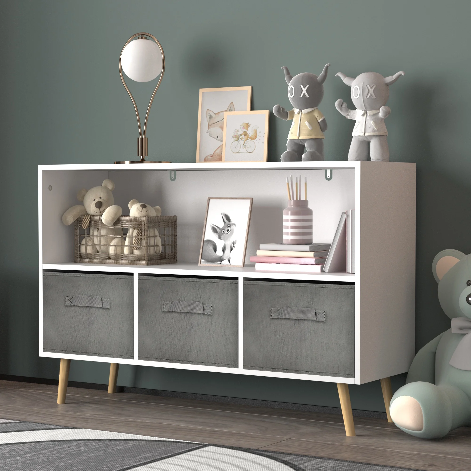 Bellemave Modern Kids Bookcase with 3 Collapsible Fabric Drawers Freestanding Toy Storage Cabinet Children's Wooden Book shelves Display Rack with Shelves and Drawers, (White + Gray)