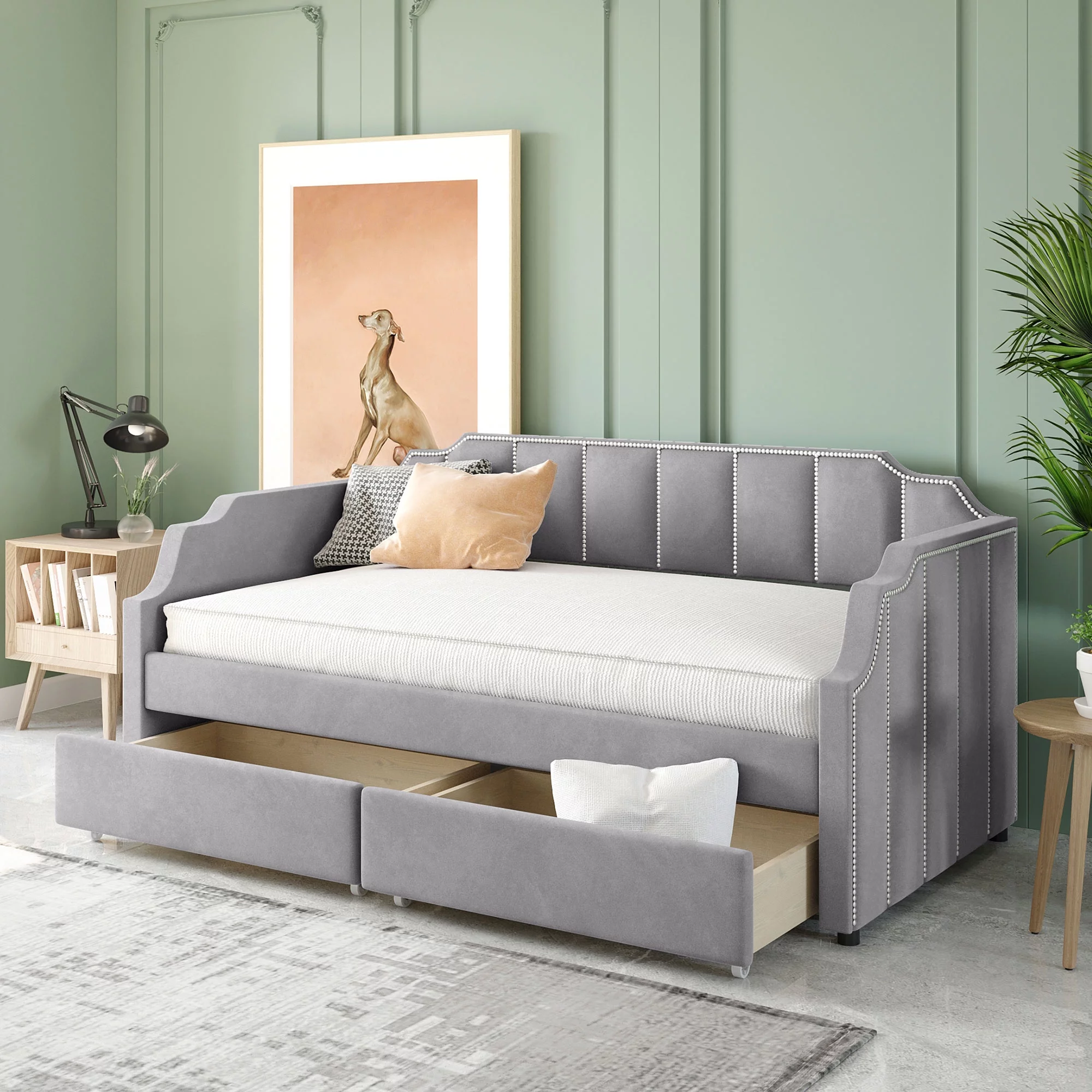 Nestfair Gray Twin Size Upholstered Daybed with Drawers