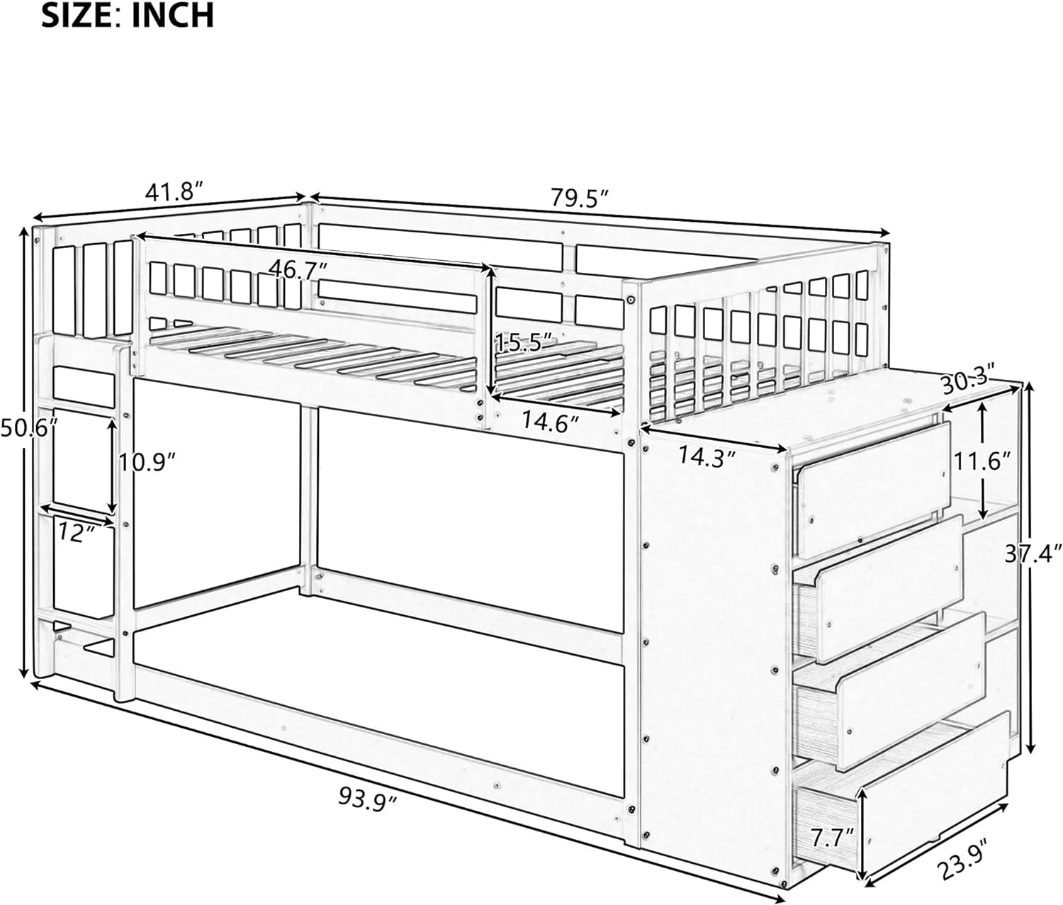 Buk Bed Over , Wood Floor Buk Bed With Storage Drawers Ad Shelves, Low Buk Bed Frame With Guardrails Ad Ladder For Kids Boys Girls Tees, o Box Sprig eeded, Easy Assembly, White