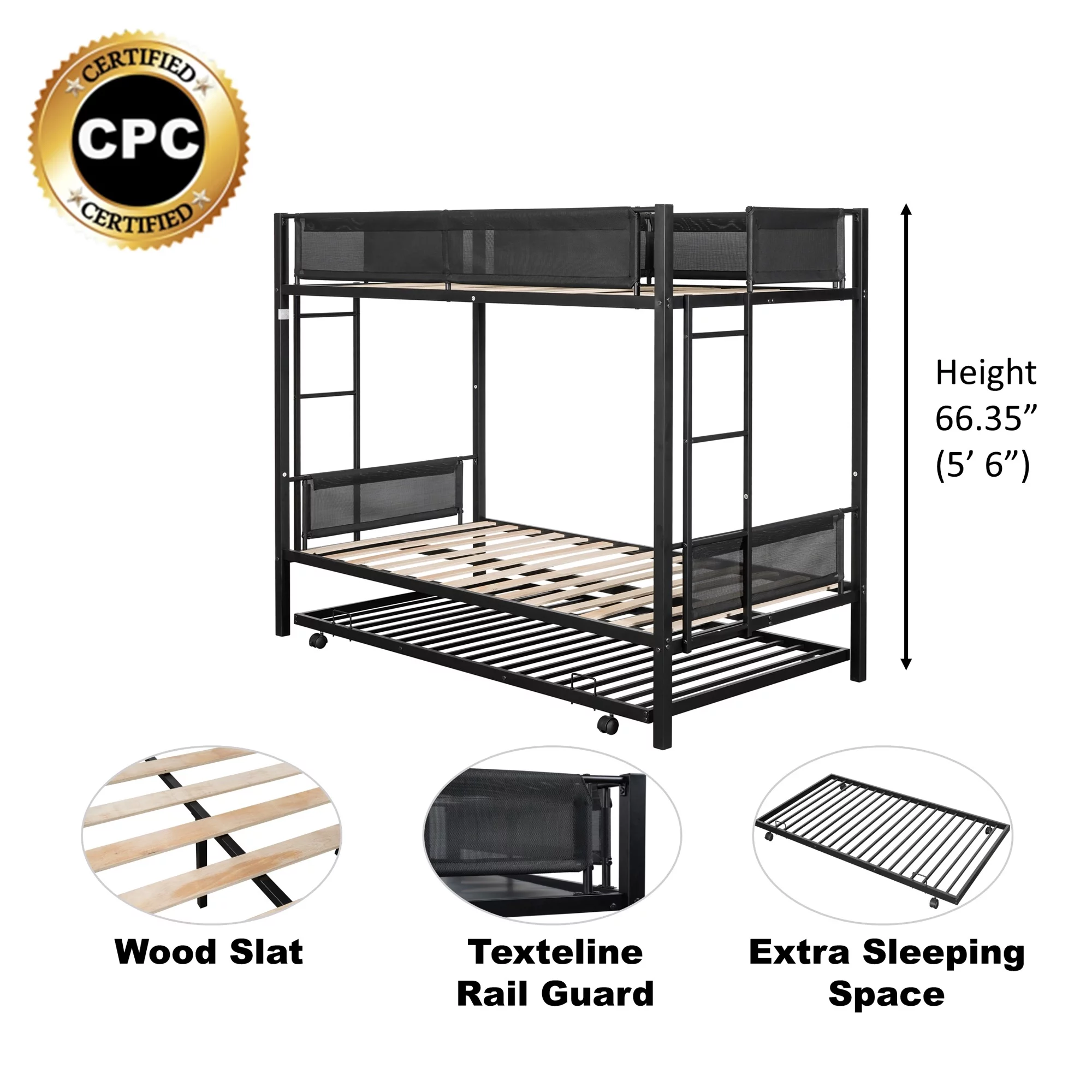 Gewnee Twin over Twin Metal Bunk Bed with Trundle Bed & 2 Side Ladders,Black