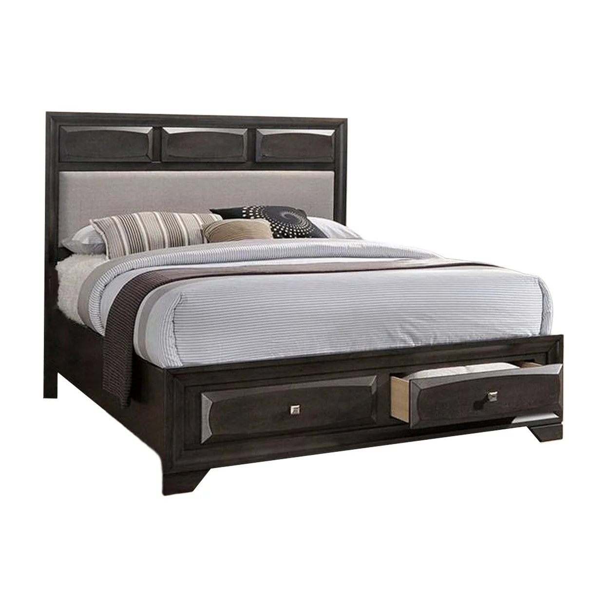 Kevi King Size Bed Beige Fabric Upholstered Headboard Storage Oak Gray- Saltoro Sherpi