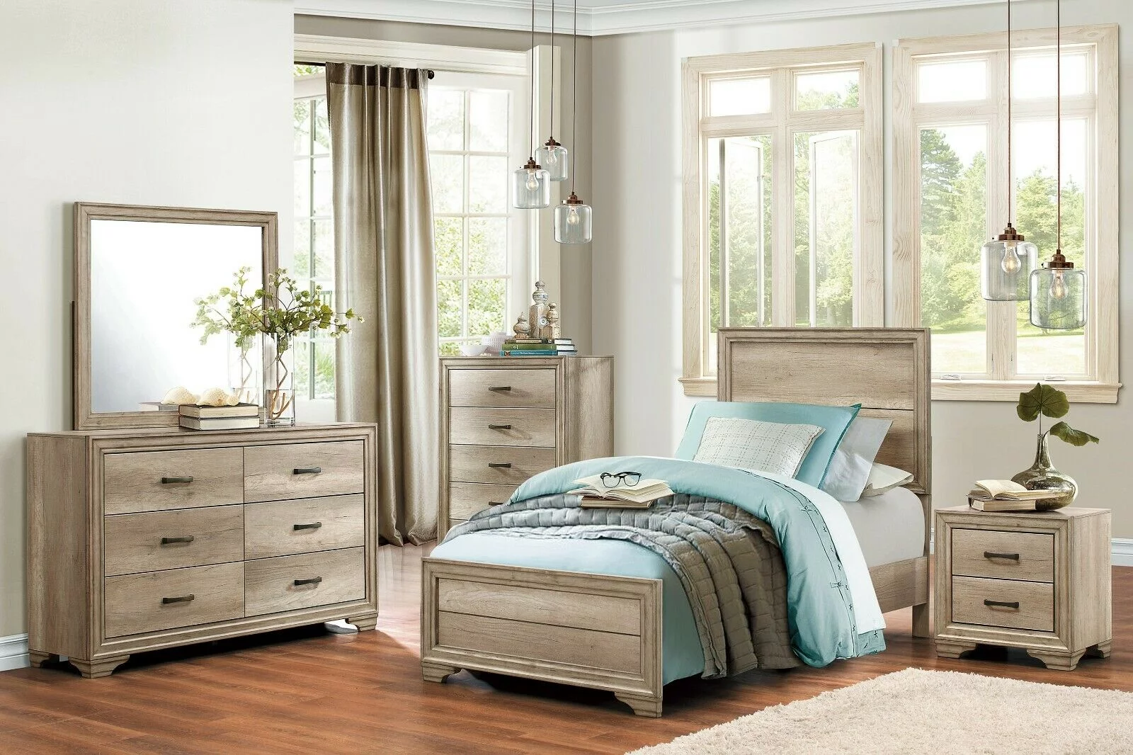 Contemporary 4pc Bedroom Set Twin Bed Nightstand Dresser Mirror Melamine Laminate Rustic Aesthetic Bedroom Furniture