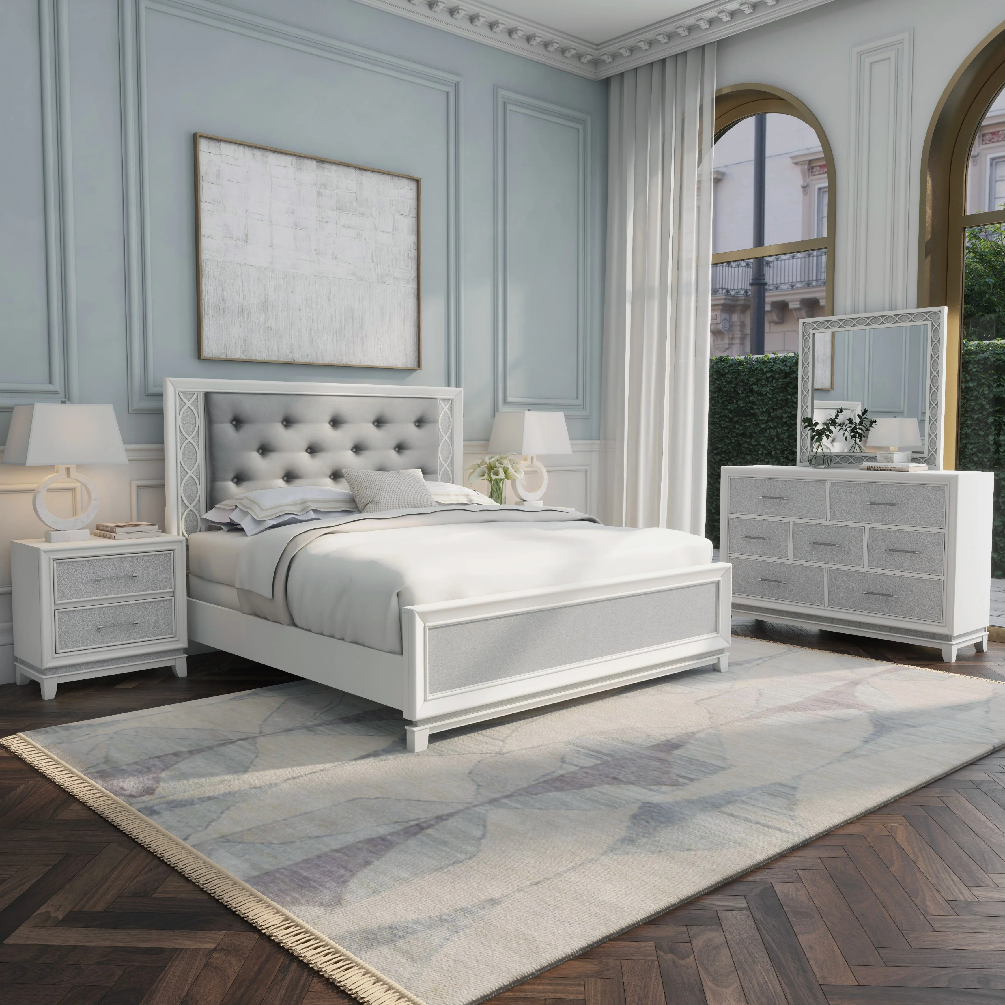 Roundhill Galaxy 4-Piece Bedroom Set with LED Lights, Tufted Bed, Dresser, Mirror, and Nightstand in Pearlized White, King