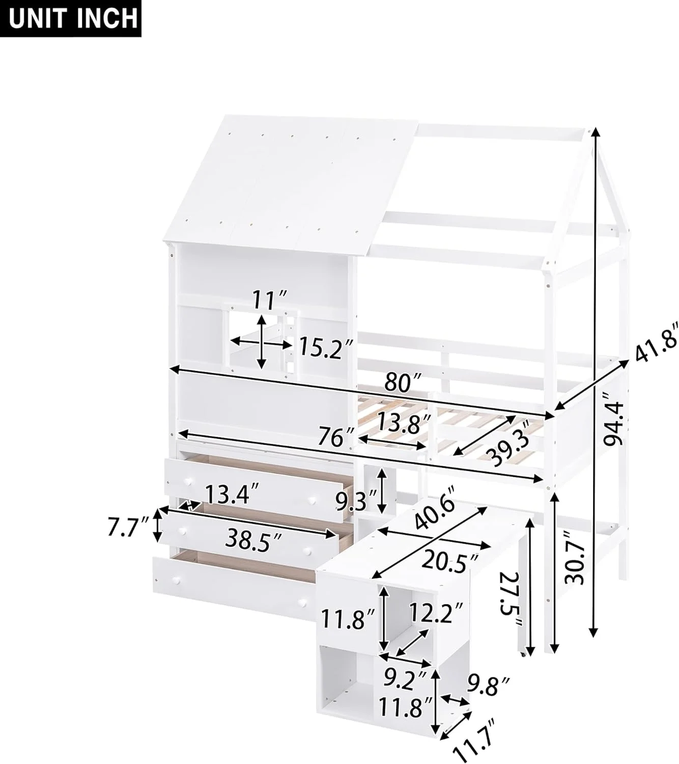 House Loft Bed With Storage Desk And 3 Drawers, Low Loft Bed Platform Bed Frame For Kids, No Box Spring Needed, White