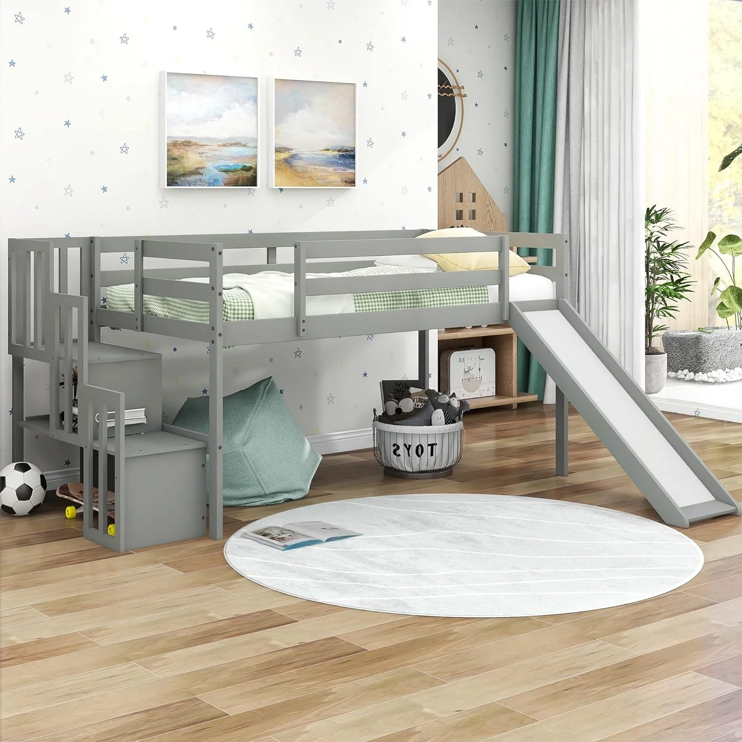 Loft Bed With Slide, Low Loft Bed Frame With Stairs And Storage Shelves, Slide Loft Bed For Boys Girls, No Box Spring Needed, Grey