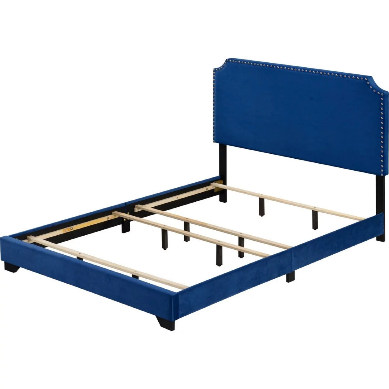Queen Bed with Platform Style and Nailhead Trim, Blue- Saltoro Sherpi