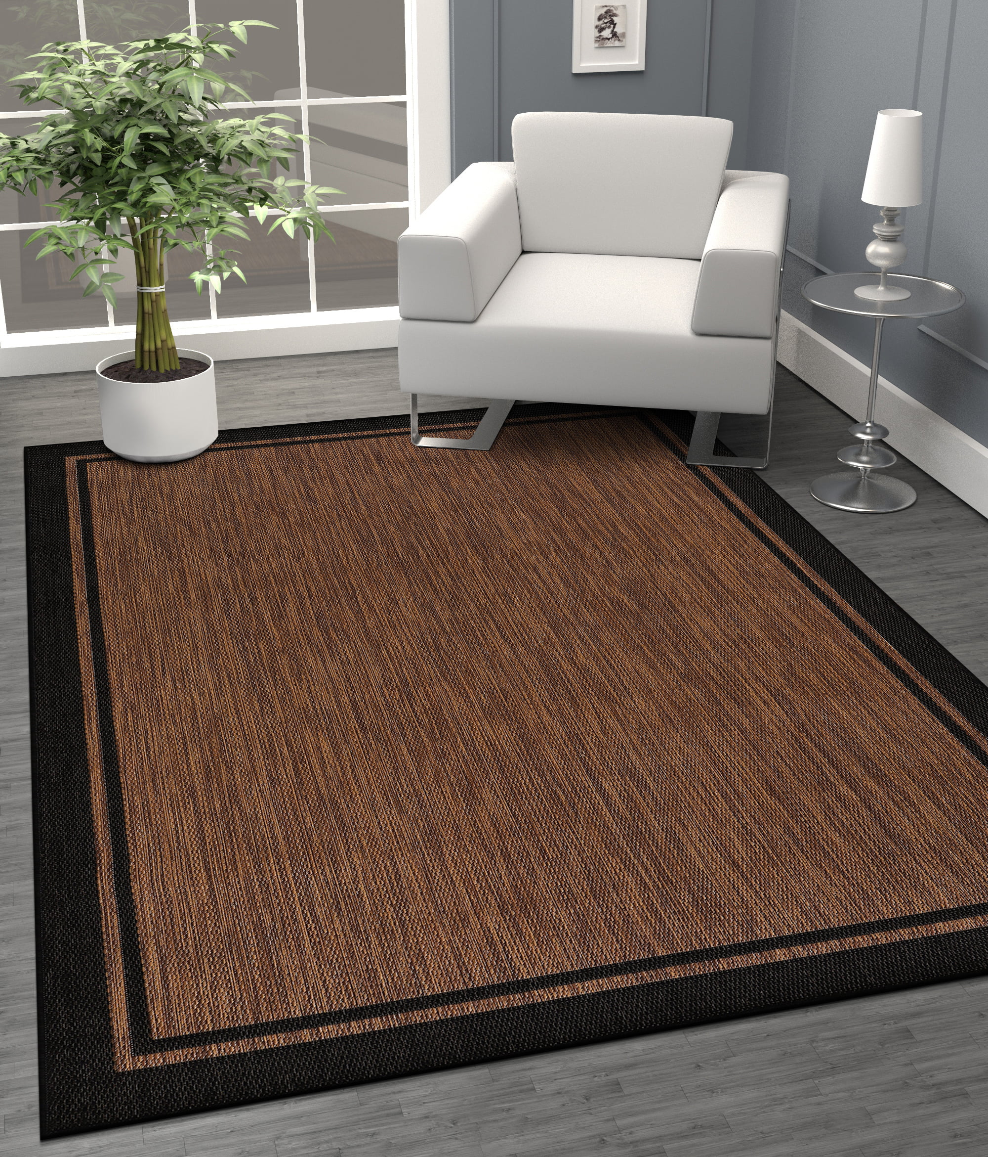 CAMILSON Summer Bordered, Washable Outdoor Indoor Area Rug, Nut Brown, 5x7