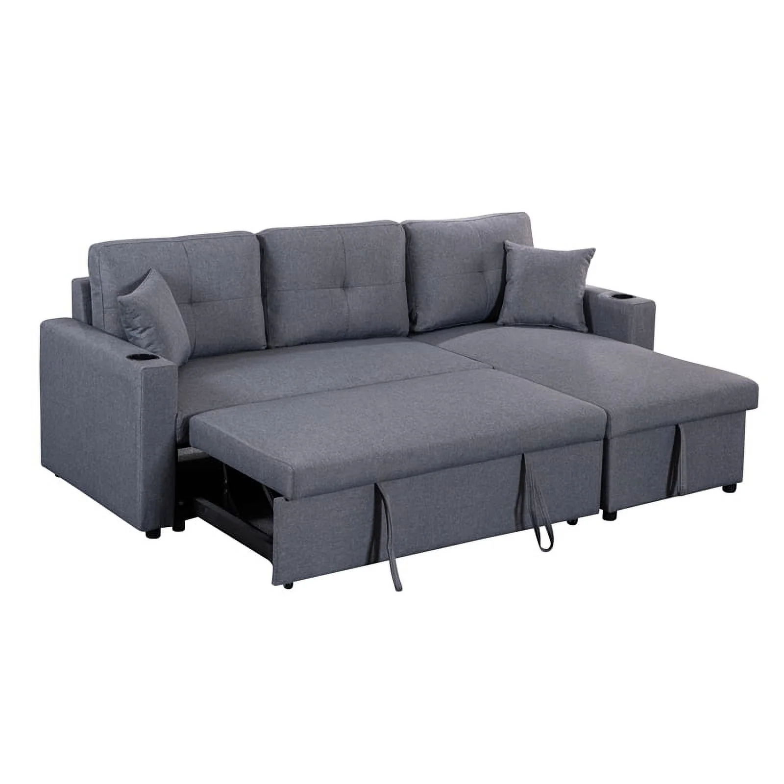 Pemberly Row Linen Fabric Reversible Sleeper Sofa & Chaise & Cup Holder-Gray
