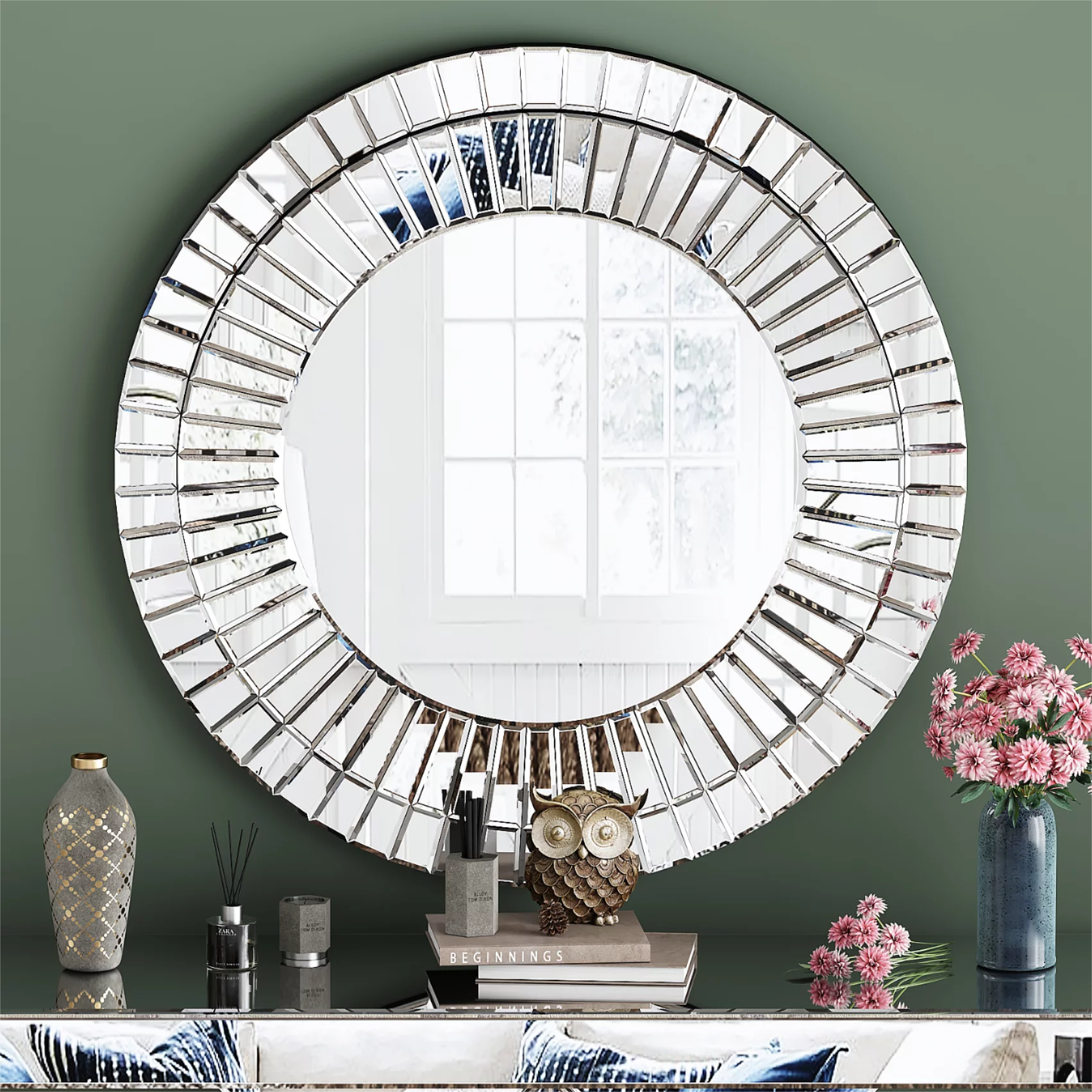 SHYFOY 31.5'' Round Wall Mirror Decorative for Living Room,Accent Wall Mirrors Glass Beveled Frame for Home Decoration