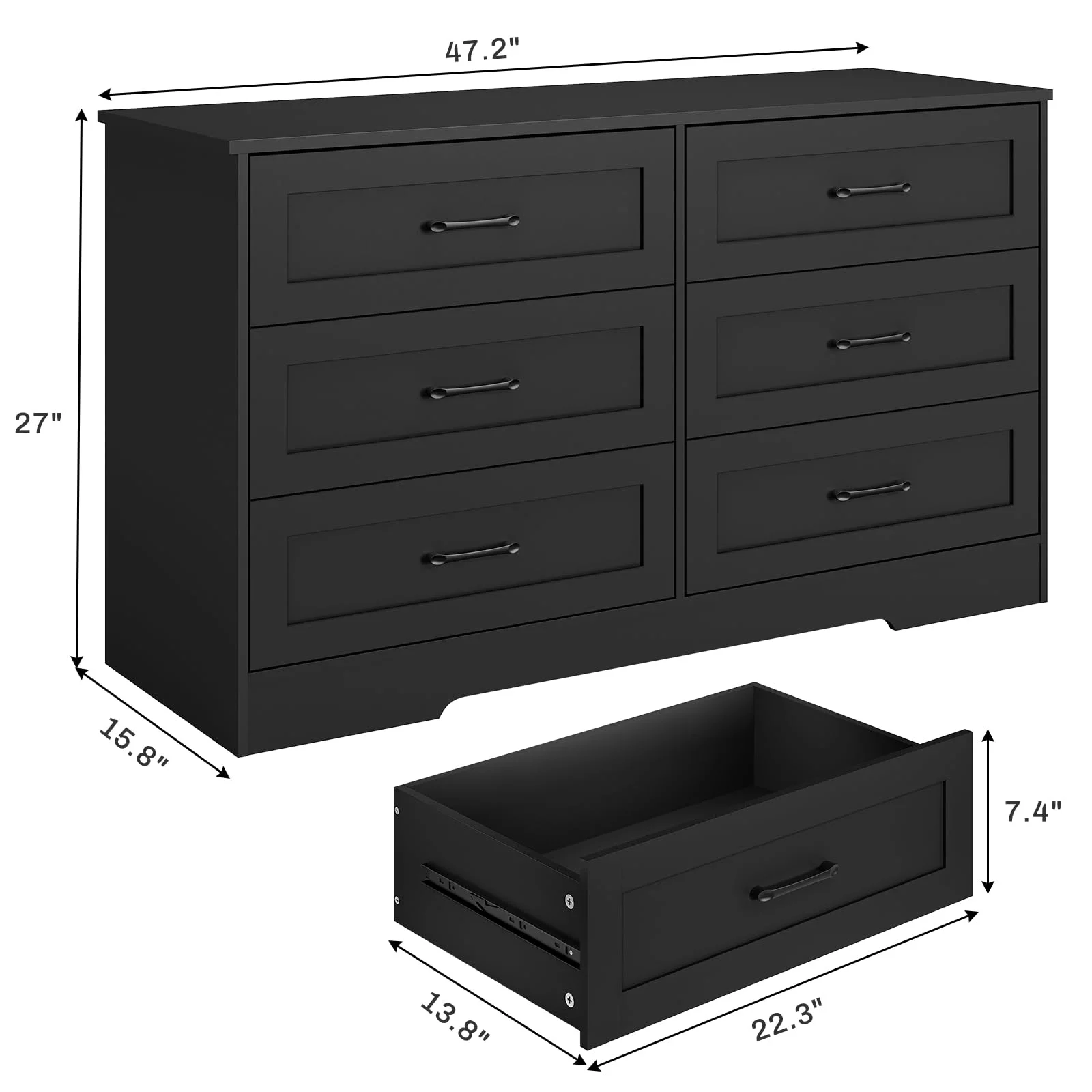 Black Dresser with 6 Drawers,Wood Chest of Drawers Double Dresser Storage Cabinet for Bedroom Closet Living Room
