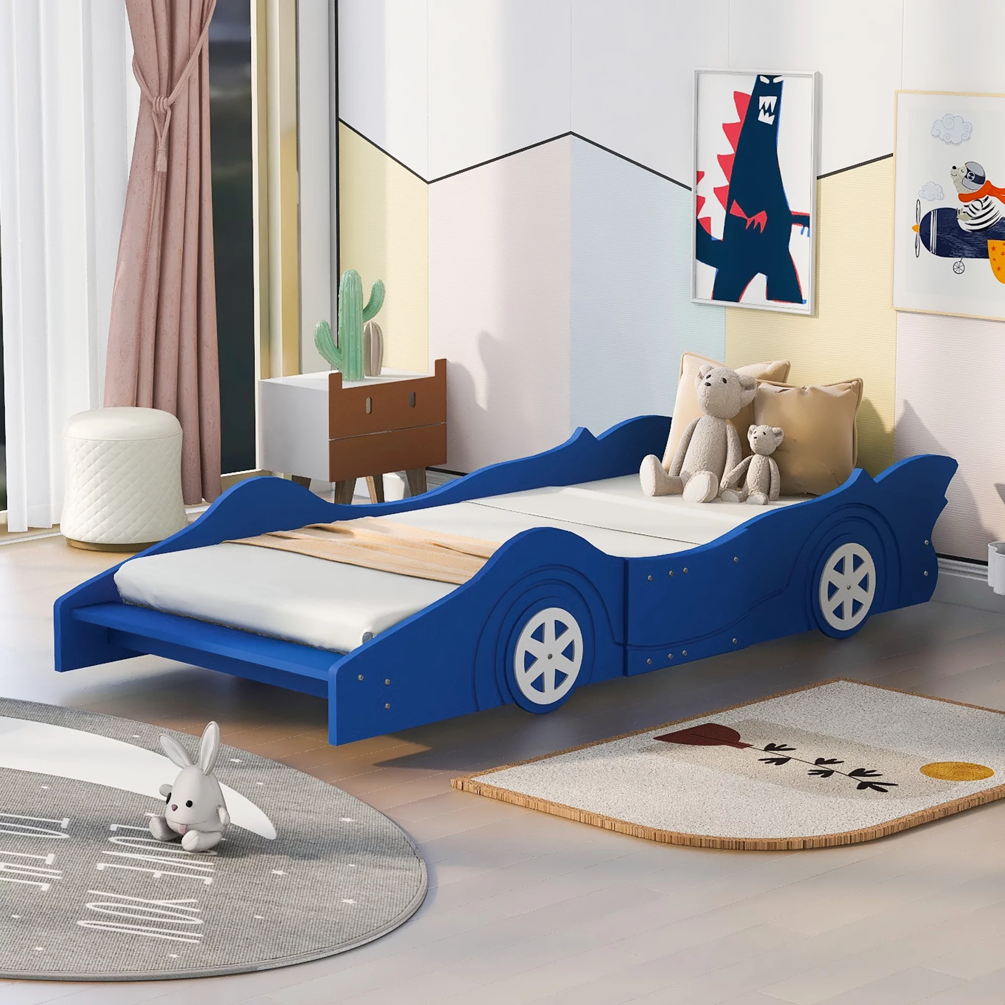 Twin Size Platform Bed with Wheels for Kids' Bedroom,Blue