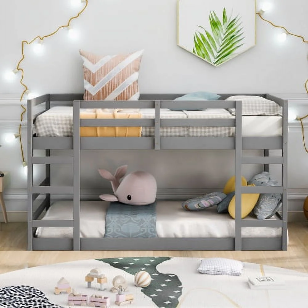 Twin Over Twin Low Bunk Bed with Ladder, Floor Bunk Bed with Full Length Guardrail, Wood Slat Support and Headboard(Gray)