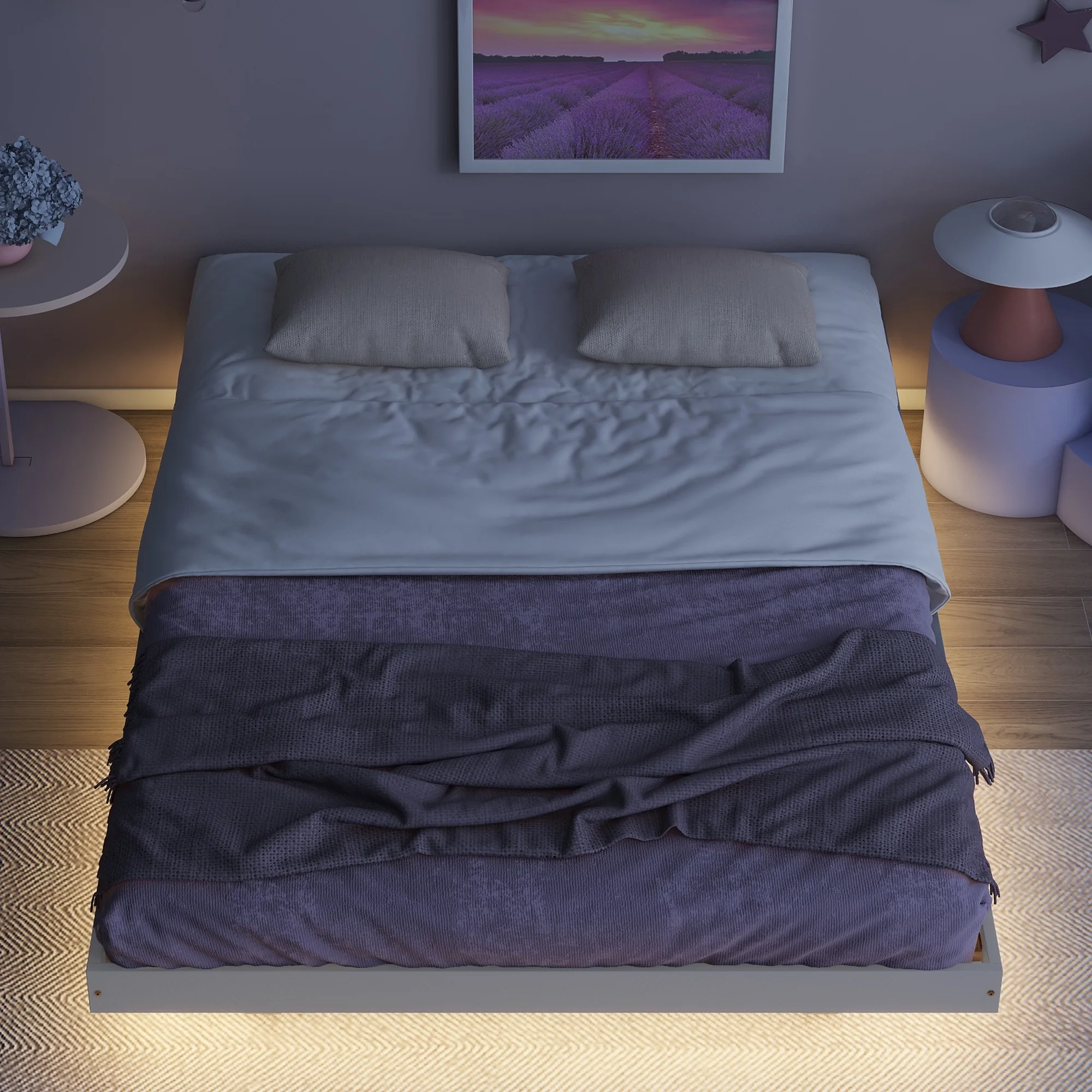 Grey Full-Size Floating Platform Bed with Underglow LED Lighting - Modern Low Profile