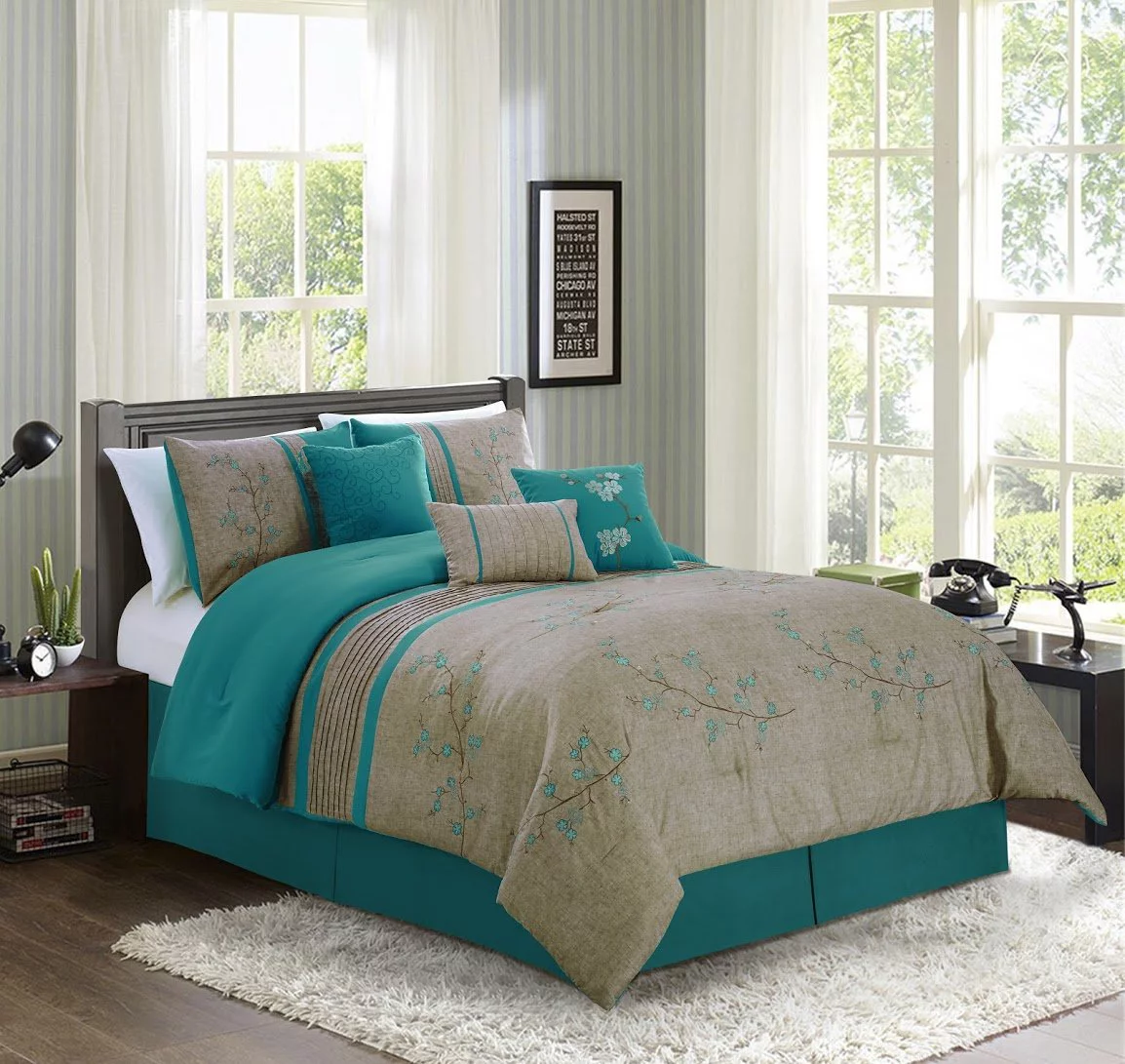 Chezmoi Collection Floral 7 Piece Comforter Sets, Queen with Shams, Bed Skirt, Cushions, Breakfast Pillow