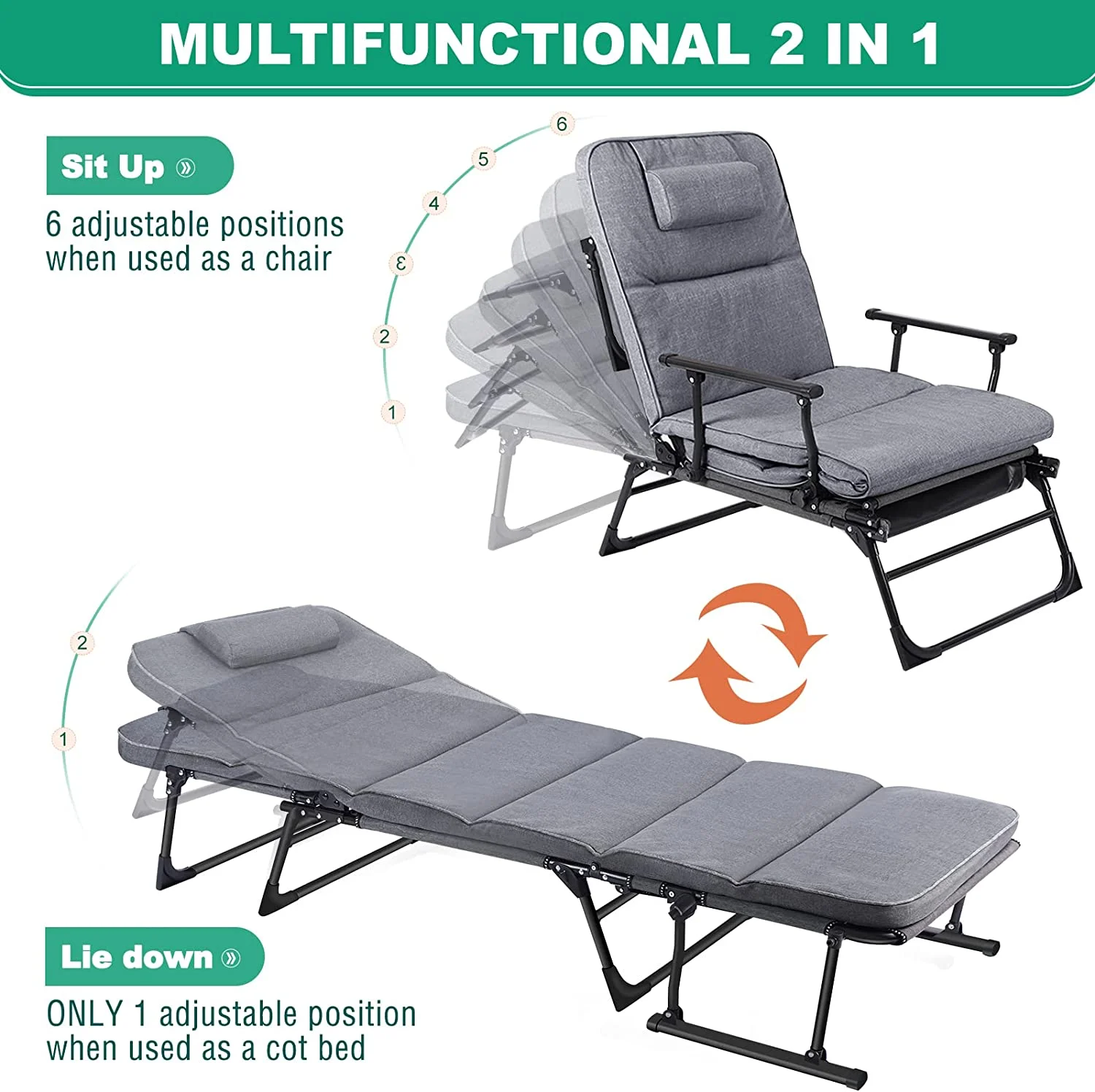Slsy 3 in 1 Folding Sofa Bed, Portable Folding Bed with Mattress & Pillow, 6 Position Adjustable Convertible Chair, Rollaway Guest Bed Fold Out Bed