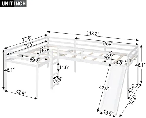 NLIBOOMLife Harper & Bright Designs Twin Loft Bed for   L-Shape Loft Beds with Slide  Low Loft Bed Frame Corner Bunk Bed for   Wooden Loft Bed for Girls Boys Teens (New  White)