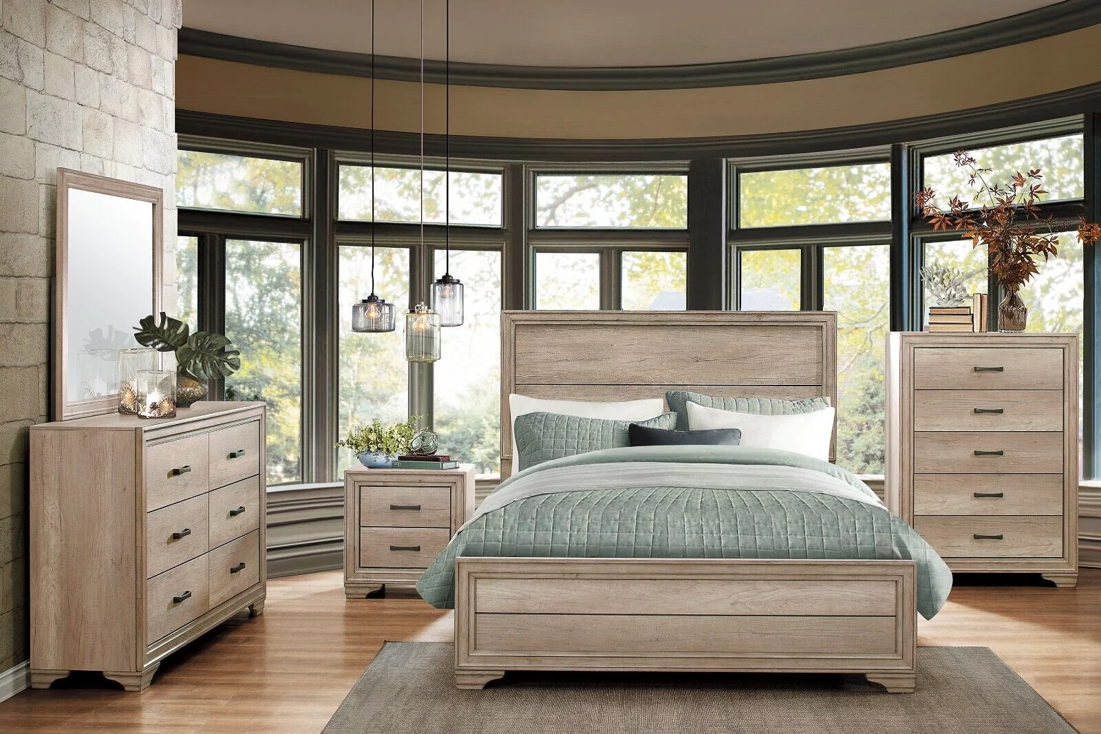 Contemporary 5pc Bedroom Queen Panel Bed Nightstand Chest Dresser Mirror Set Bedroom Furniture