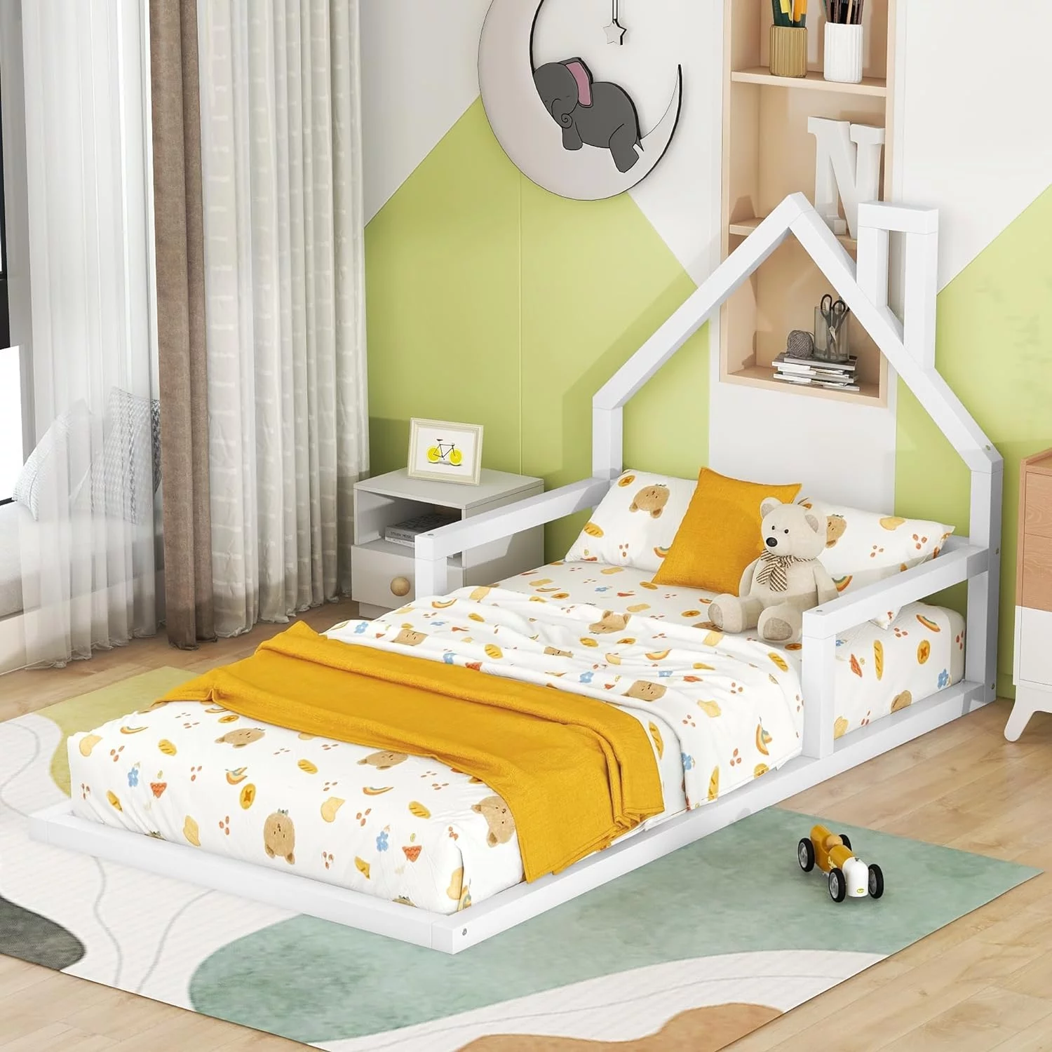 Floor Bed For Kids, Size Montessori Bed With House Shape Headboard And Railings, Wood House Bed With Slats For Boys Girls, Low To Ground Height, No Box Spring Needed, White