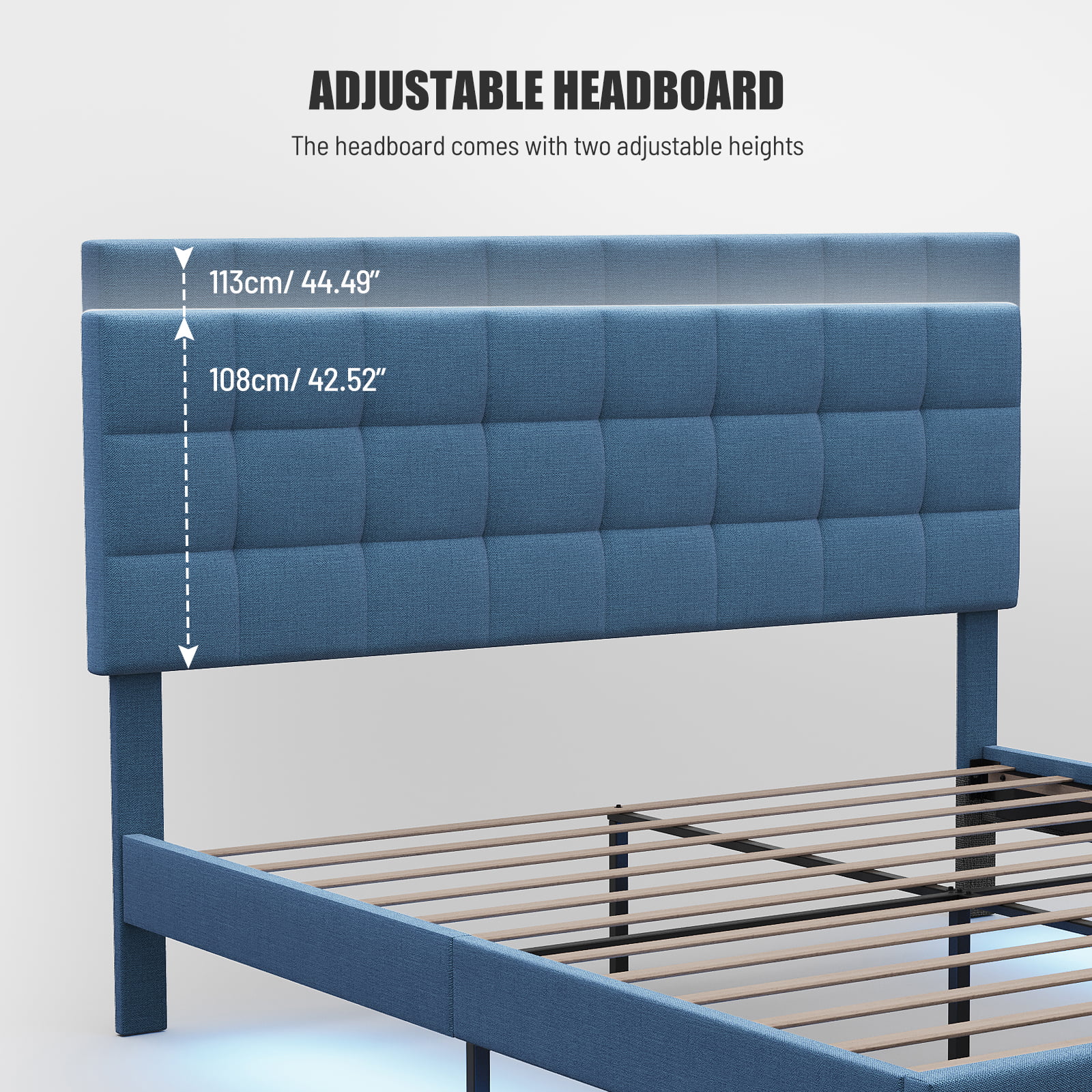 Dcenta Upholstered Queen Size Platform Bed Frame with RGB Stripe Linen Fabric Height Adjustable Headboard No Box Spring Needed Blue