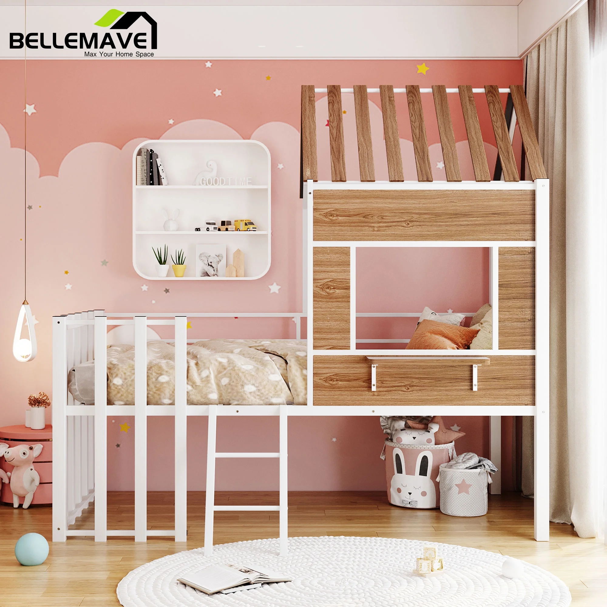 Bellemave White Metal Frame Twin Size Loft Bed for Kids Child Tween, Twin Size Kids Metal Loft Bed with Roof, Window, Guardrail and Ladder for Bedroom