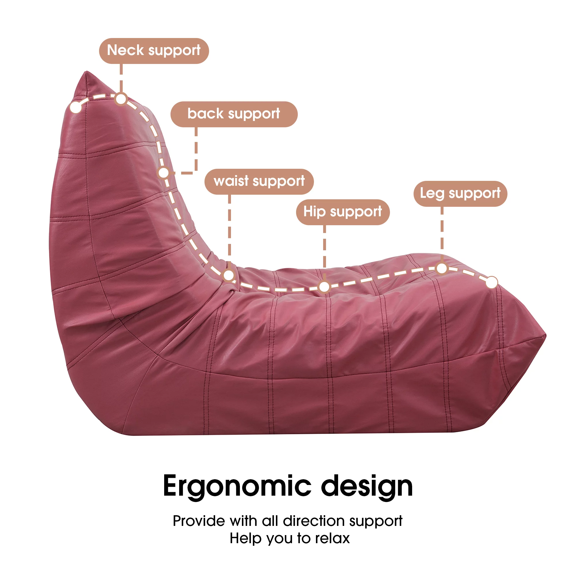 THINK 30,Comfortable Extra Large Beanbag,Modern Armless Lounge Chair,Vintage Single Seat With Backrest,100% Foam Filled Couch for Living Room,Bedroom,Salon,Office,Red