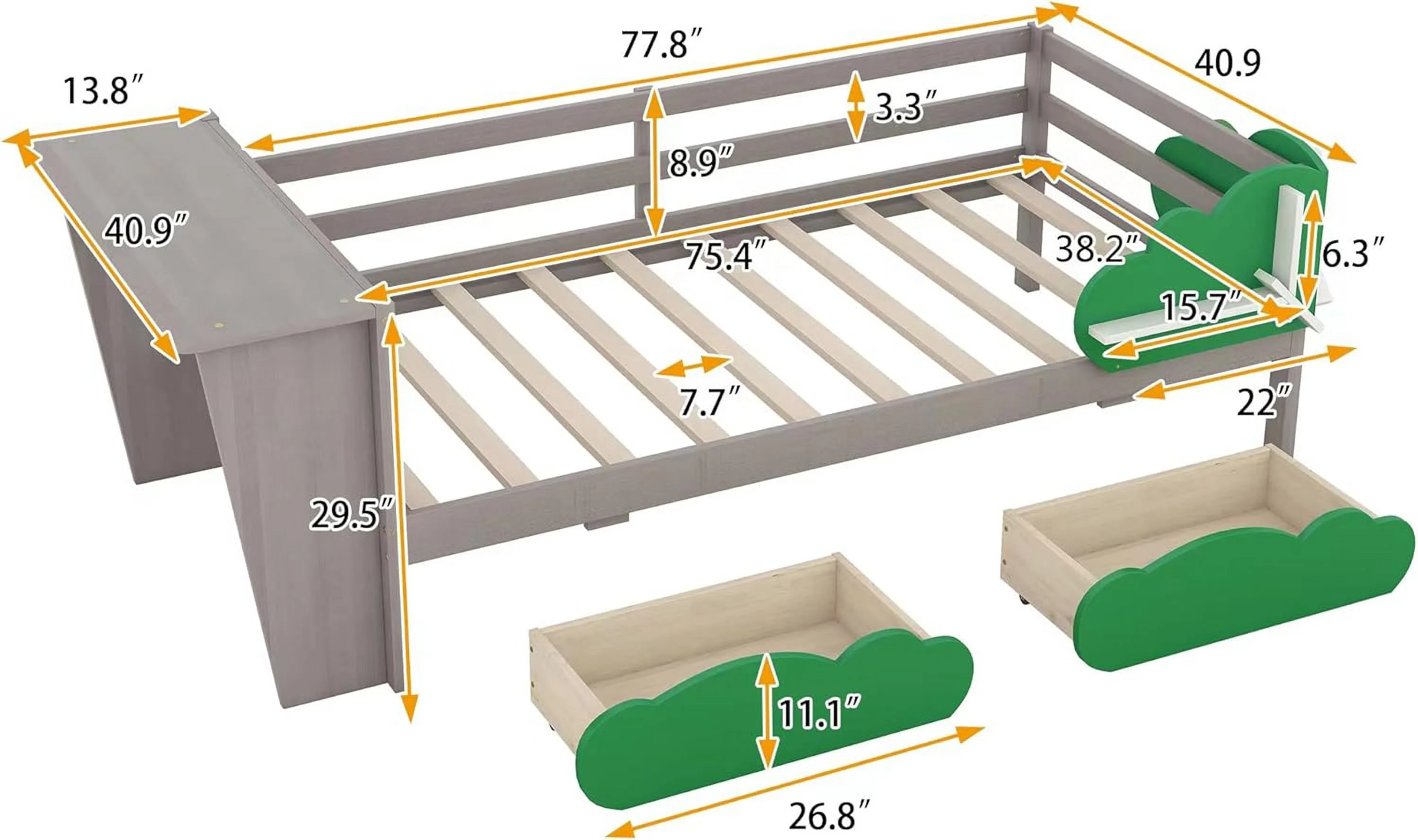 Daybed With 2 Drawers, Wood Size Daybed With Desk,Green Shelves, Storage Bed With Wood Slat Support For Kids Girls Boys,Grey