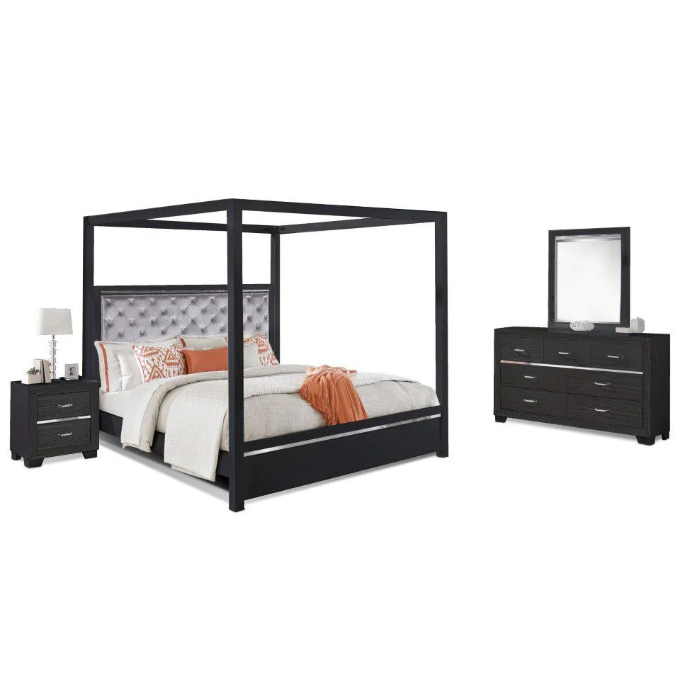 Pendry Studio Canopy Velvet tufted with LED Lighting 4pc Queen Bedroom Set