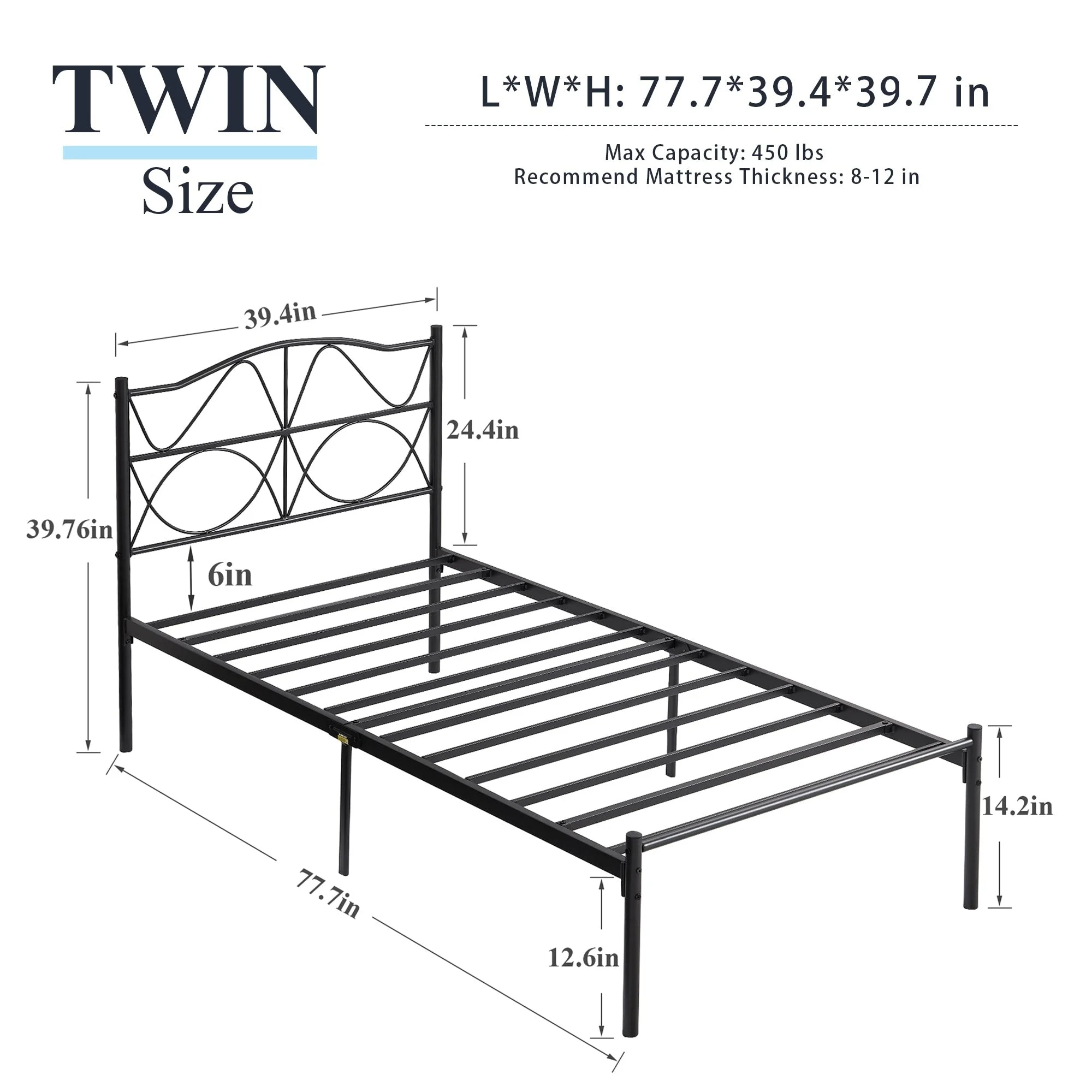 Javlergo Metal Platform Bed Frame with Elegant Headboard, No Box Spring Needed Twin