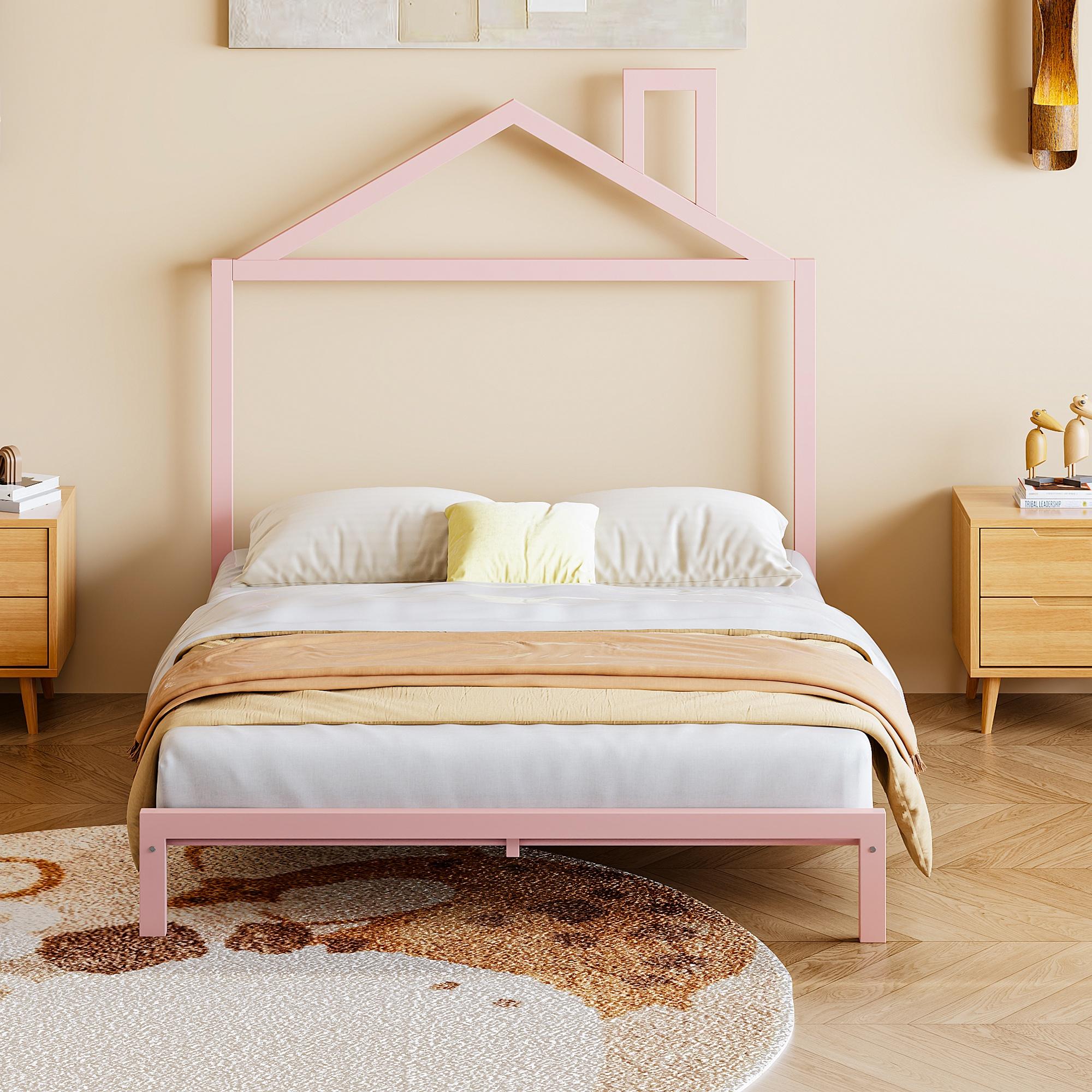 Bellemave Full Size Platform Bed with House-shaped Headboard Full Metal Bed Frame with Slats Support Montessori House Bed Low Platform Bed for Kids, Boys, Girls, Pink