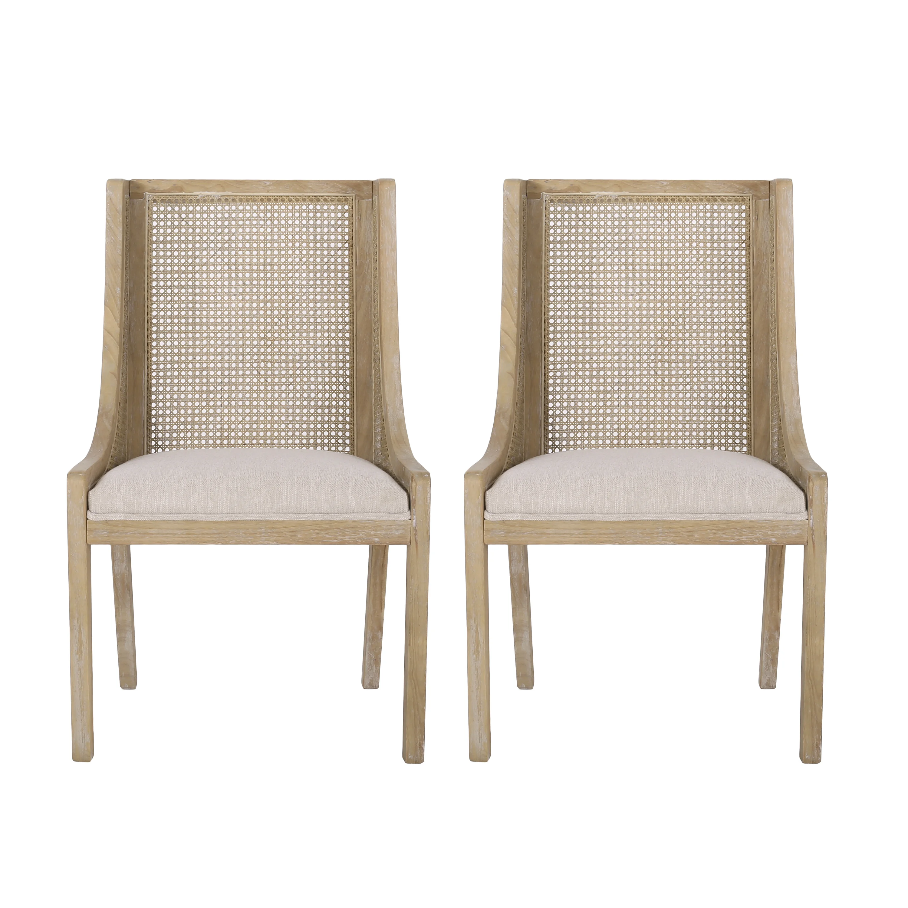 GDF Studio Wendell Rustic Fabric Upholstered Wood and Cane Dining Chairs, Set of 2, Beige and Natural