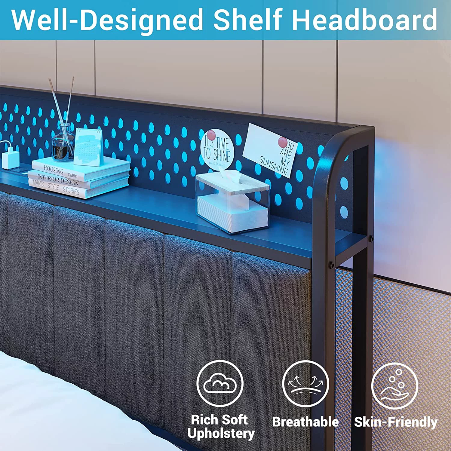 ADORNEVE Full Bed Frame with LED Headboard and 4 Drawers, Upholstered Metal Platform Bed with USB Ports & Charging Outlets, Verticle Channel Tufting, Dark Gray