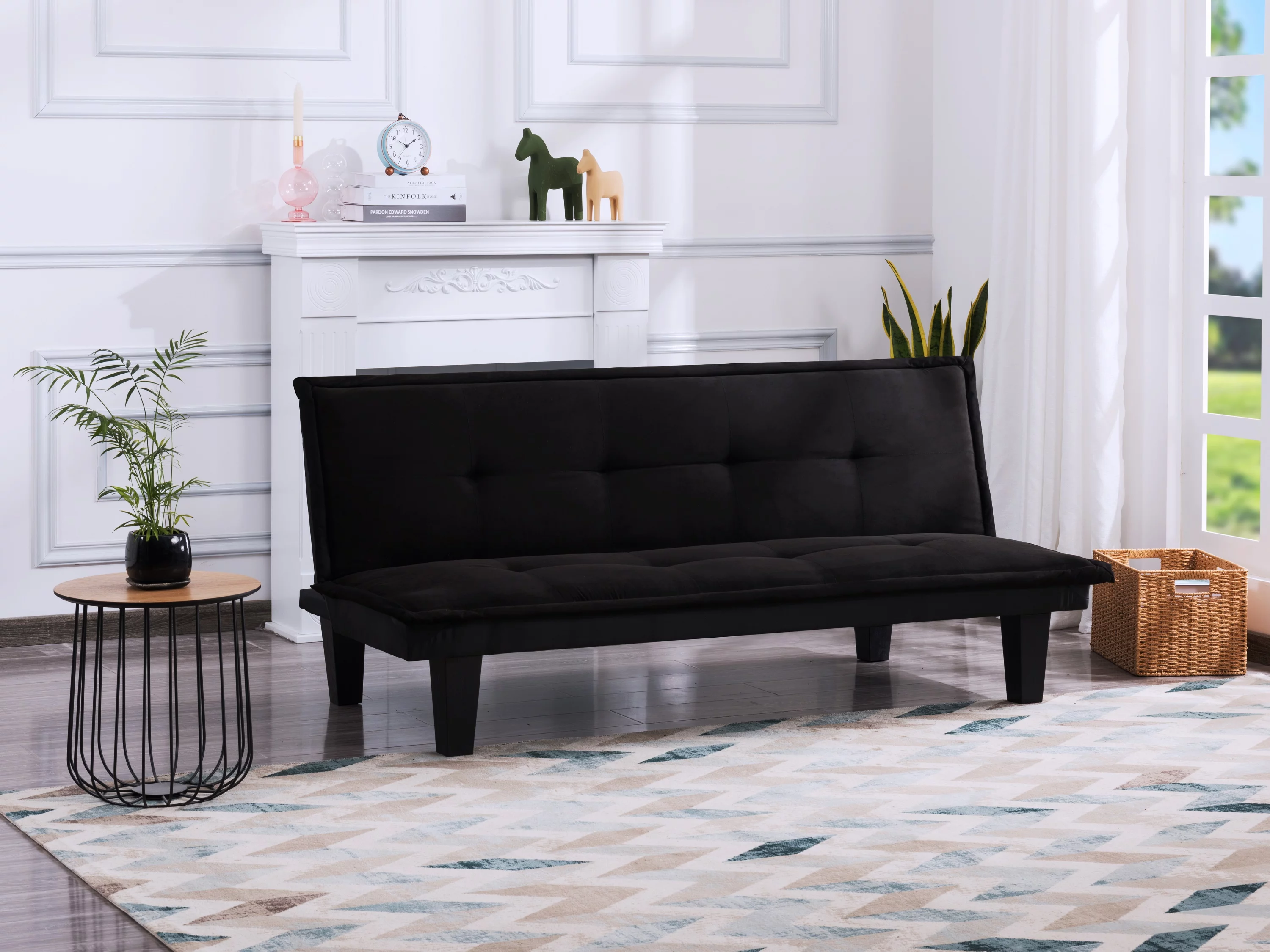 BSHTI 63.8 inch Futon Sofa Bed,Black Faux Suede Upholstered Sofa Couch,Convertible Sleeper Futon Sofa Bed for Livingroom