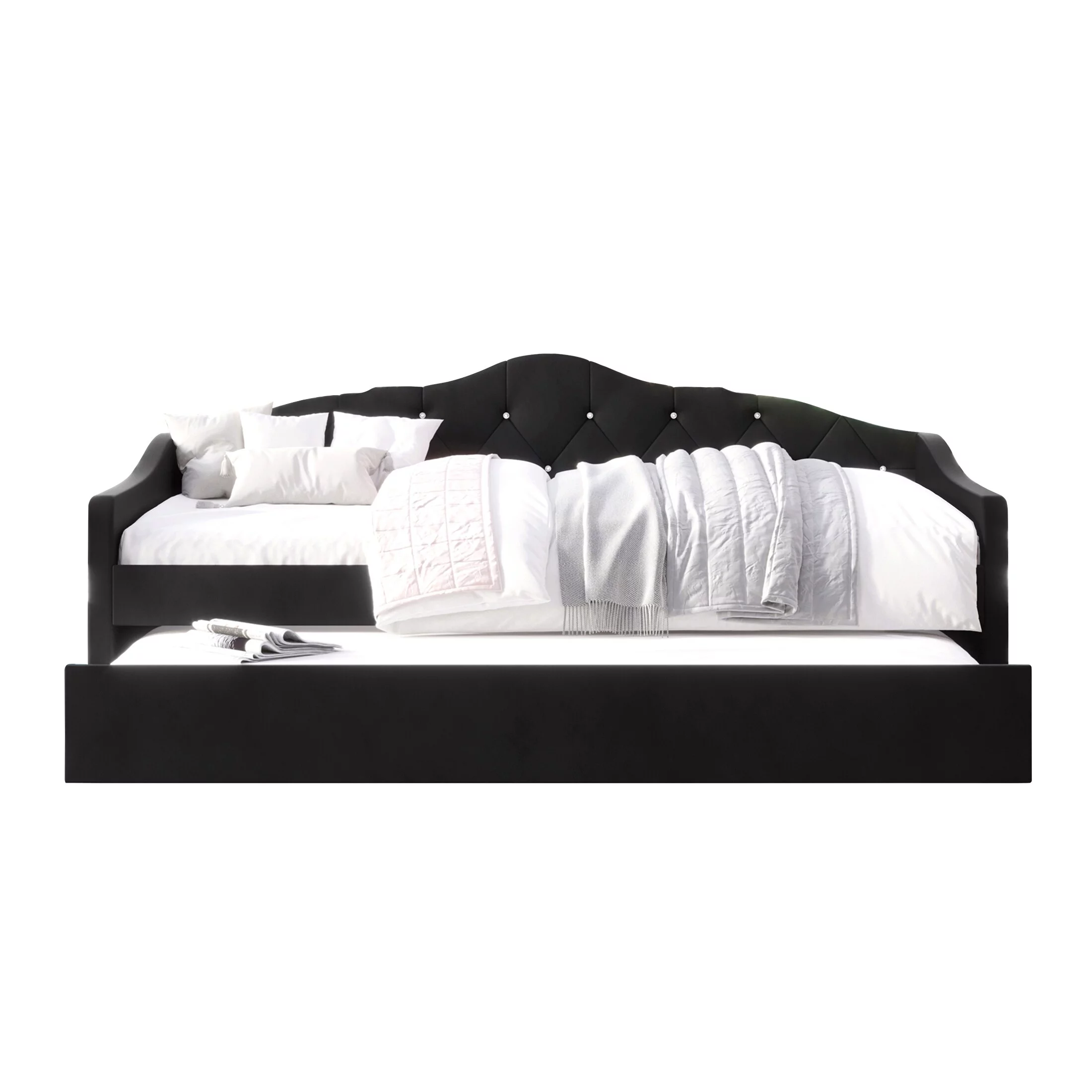 CraftPorch Glam Velvet, Crystal Button Tufted Twin Daybed with Trundle Black. - Twin