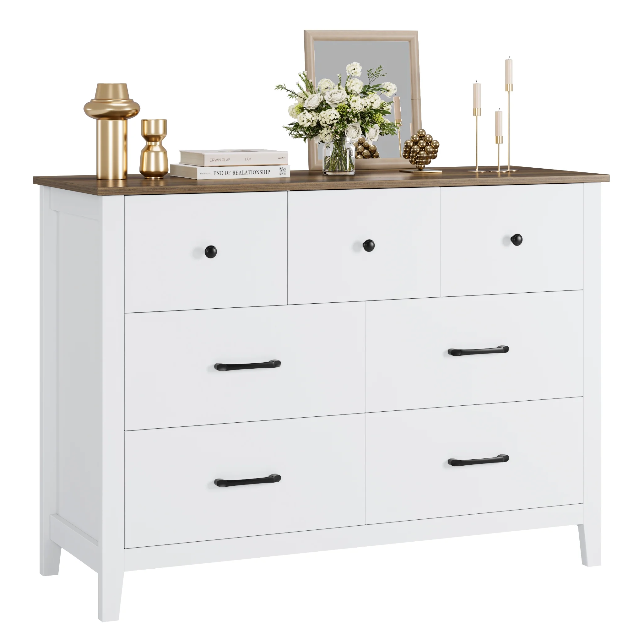 Homfa 7 Drawer Dresser for Bedroom, Modern Wood Storage Cabinet for Living Room Hallway, White