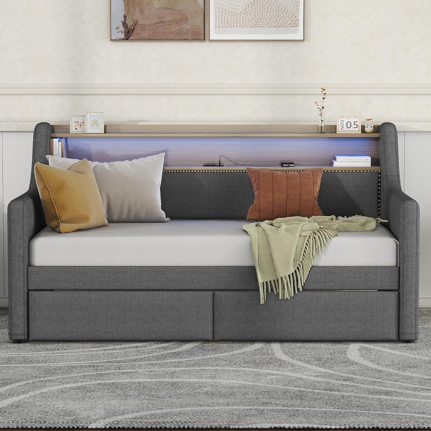 Upholstered Daybed With 2 Storage Drawers, Lie Fabric Daybed Frame With Chargig Statio & LED Lights, Daybed Sofa Bed With Storage Shelves For Bedroom,Livig Room, Gray