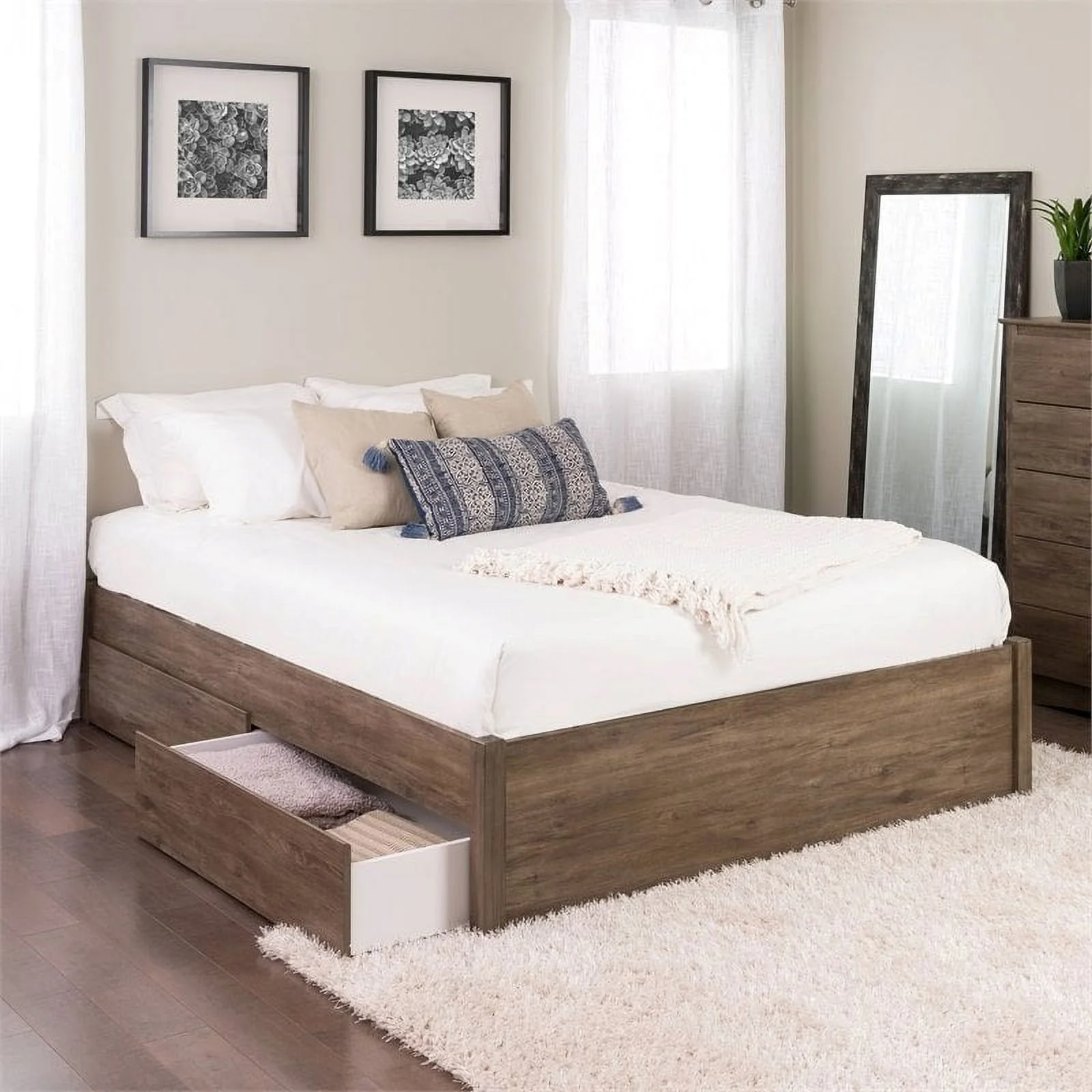 Pemberly Row Modern Wood Queen 4-Post Platform Bed with 2 Drawers in Gray