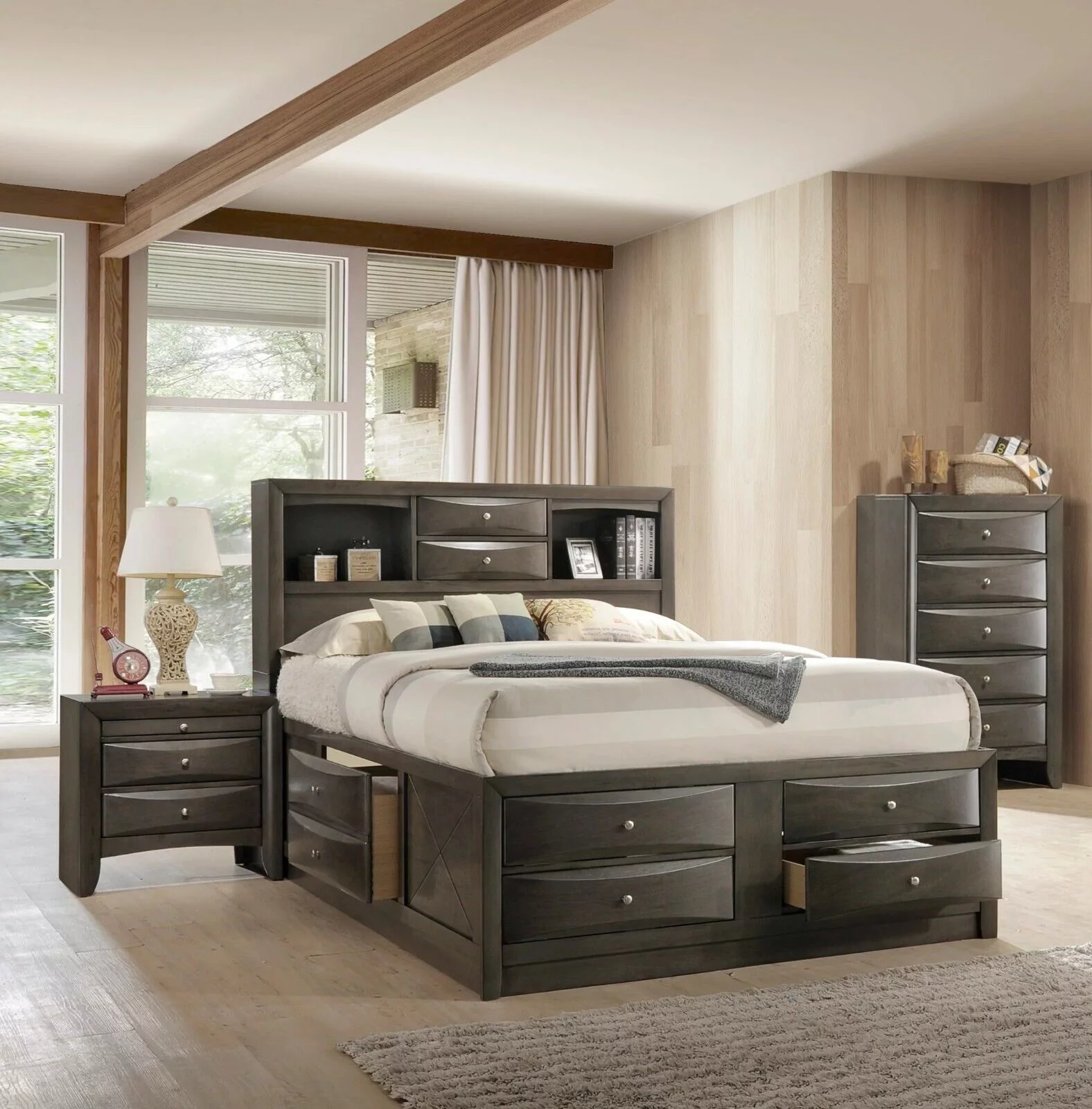 Contemporary King Size 3pc Bedroom Set Storage Bed Chest Nightstand Gray Finish Solid Wood Furniture