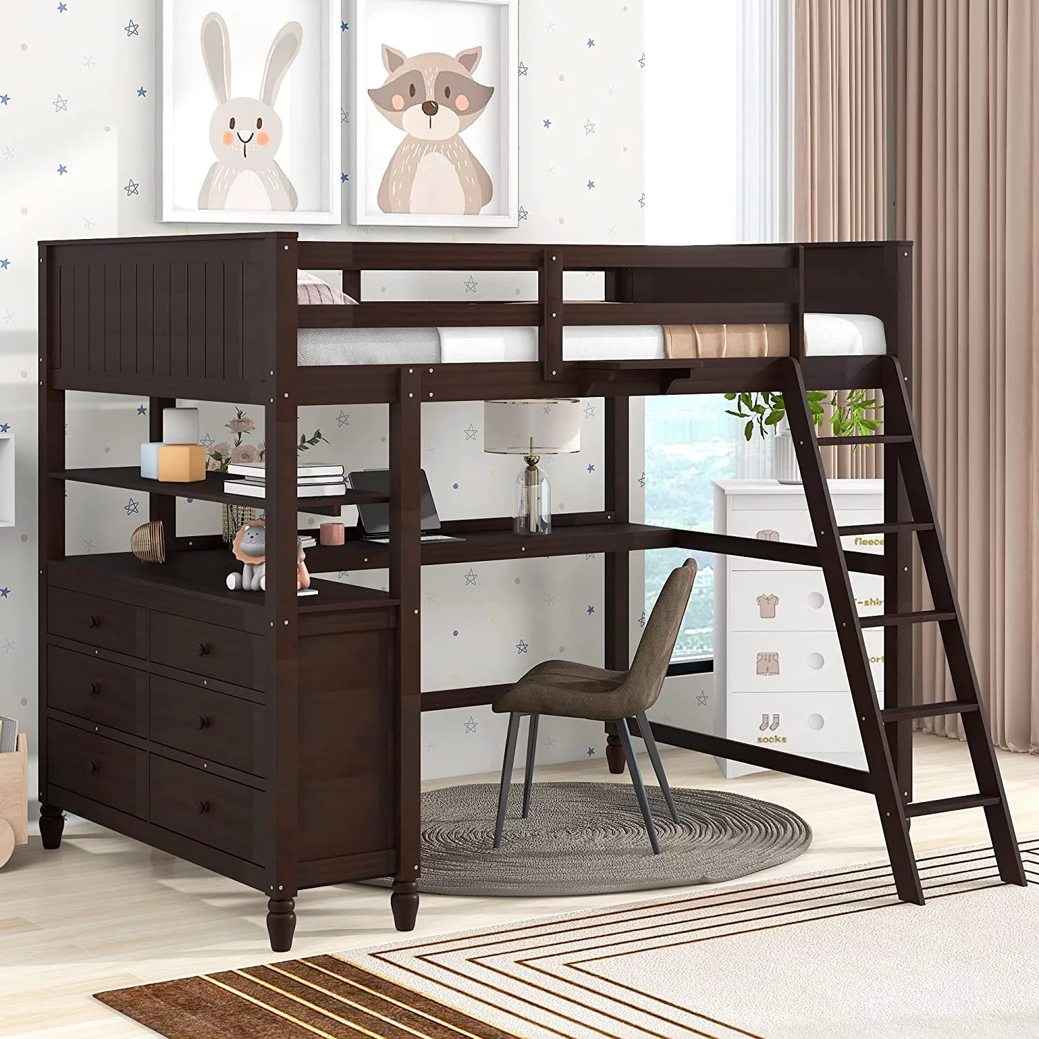 Full Size Loft Bed With Desk Ad Storage, Solid Wood Loft Bed Frame With Drawers Ad Shelves, For Kids Tees Adults - Espresso