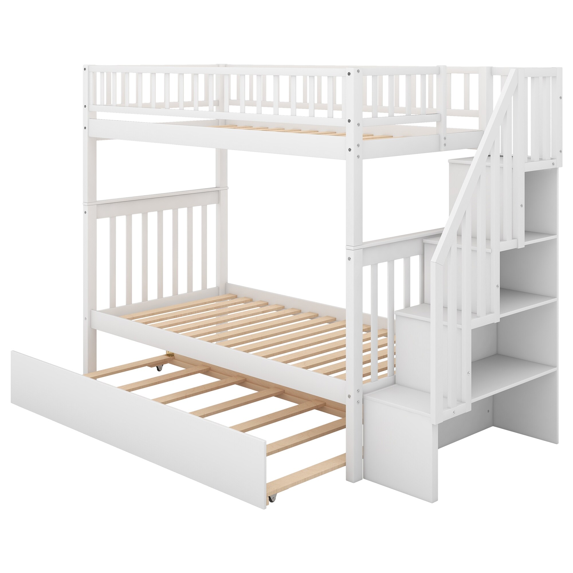 Nestfair Twin Over Twin Bunk Bed with Trundle and Storage White