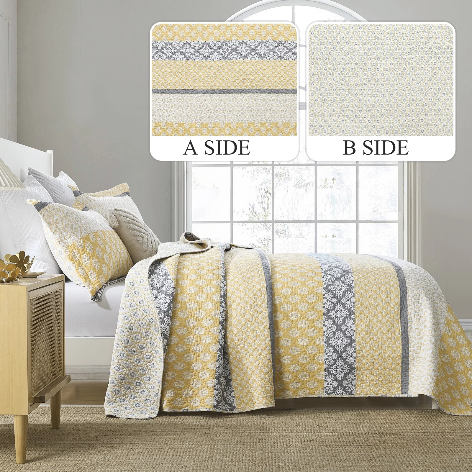 SahSahCasa King Size Quilt Set - 100% Cotton Farmhouse Floral King Quilt Set, Lightweight Quilted Bedspread Reversible Comforter, Yellow Grey Quilt Bedding Set All Season, 3 Pieces