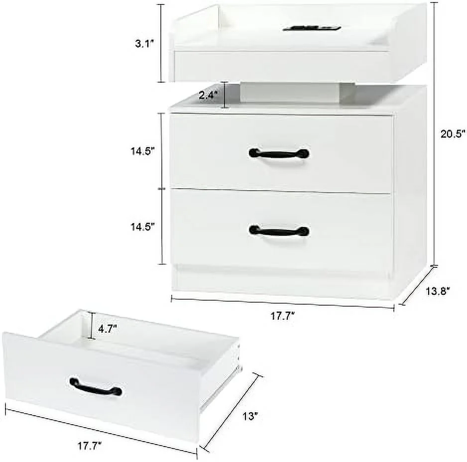 RUNFAYBIU LED Nightstand   Night Stands with Charging Station  White Nightstand with LED Light  Modern Nightstand with 2 Drawers  Night Stand with Large for Bedroom  Bedside Table for Liv