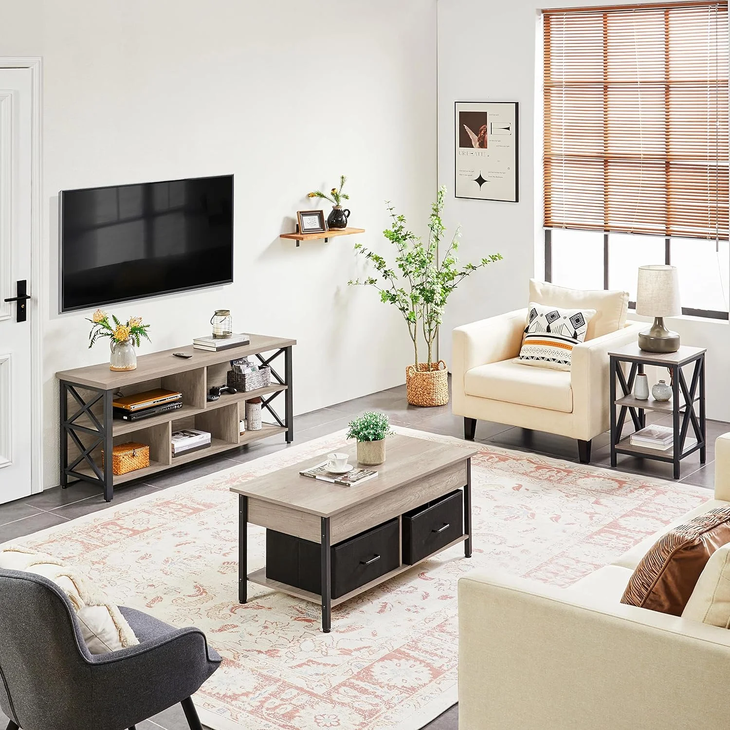 4 Pieces Living Room [Table] Sets - Includes Stand With 5 Hidden [Storage Space And Baskets Compartments For 65 In [TV], Lift-Top Coffee [Table], 2 Set End Side [Table] For Home, Gray