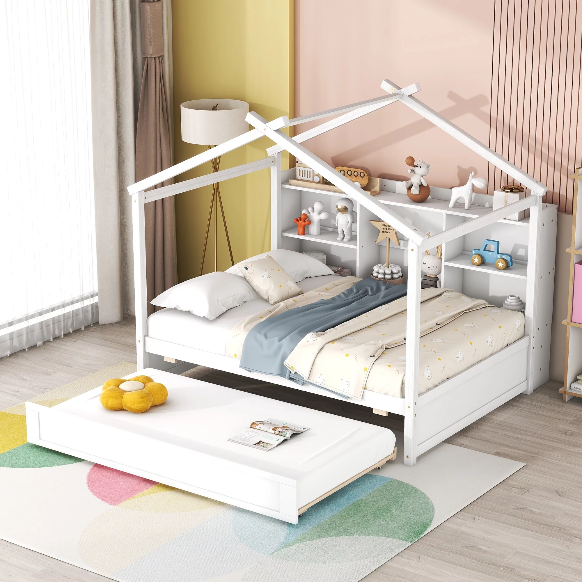 Nestfair White Full Size Wood House Bed with Storage Shelves and Trundle