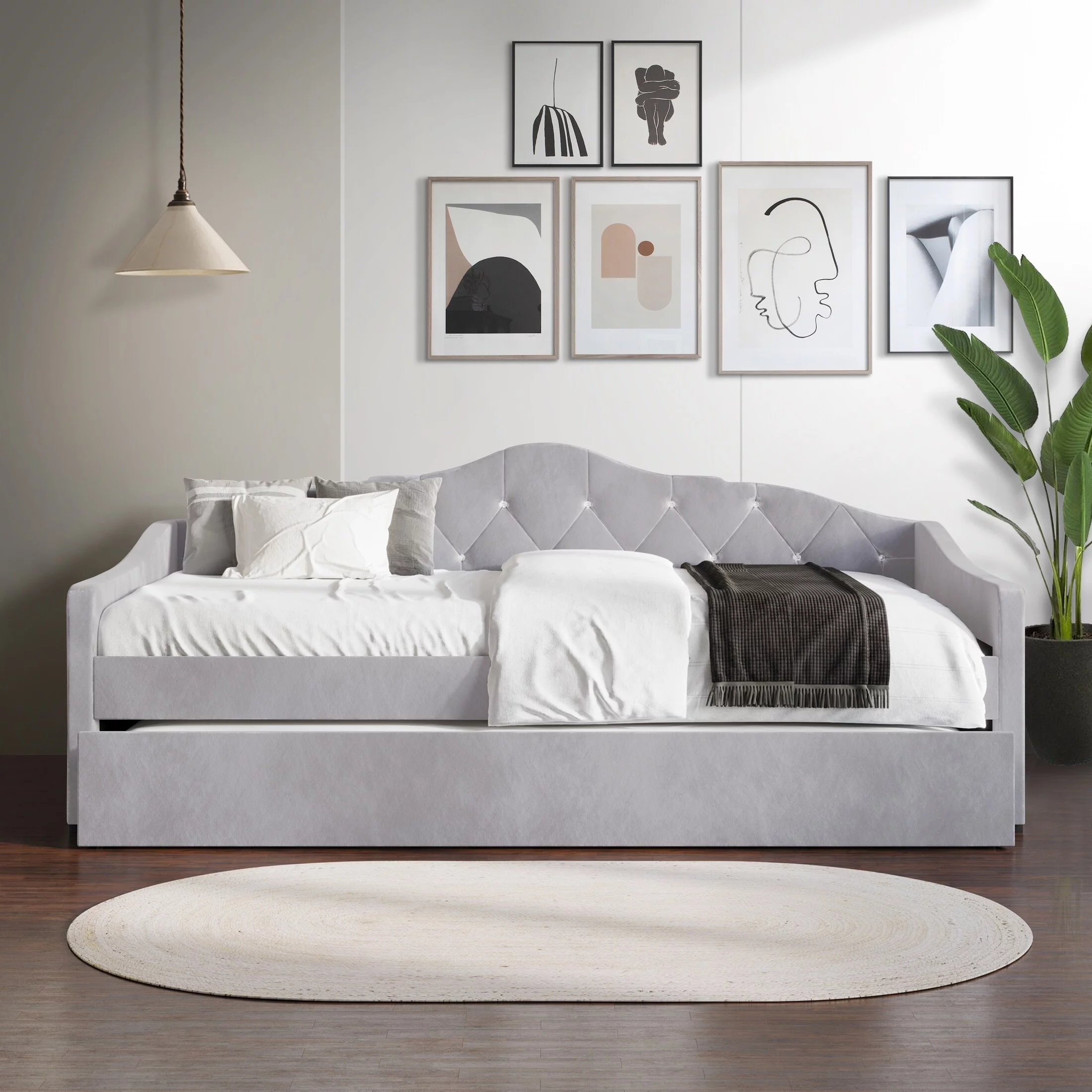 CraftPorch Glam Velvet, Crystal Button Tufted Twin Daybed with Trundle Black. - Twin