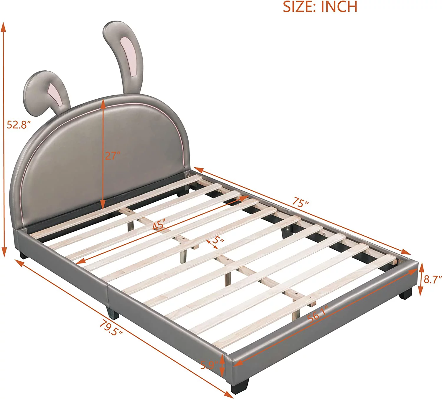 Platform Bed for Kids, Upholstered Leather Platform Bed with Rabbit Ornament, Full Size Upholstered Rabbit-Shape Princess Bed with Headboard and Wooden Slats Support