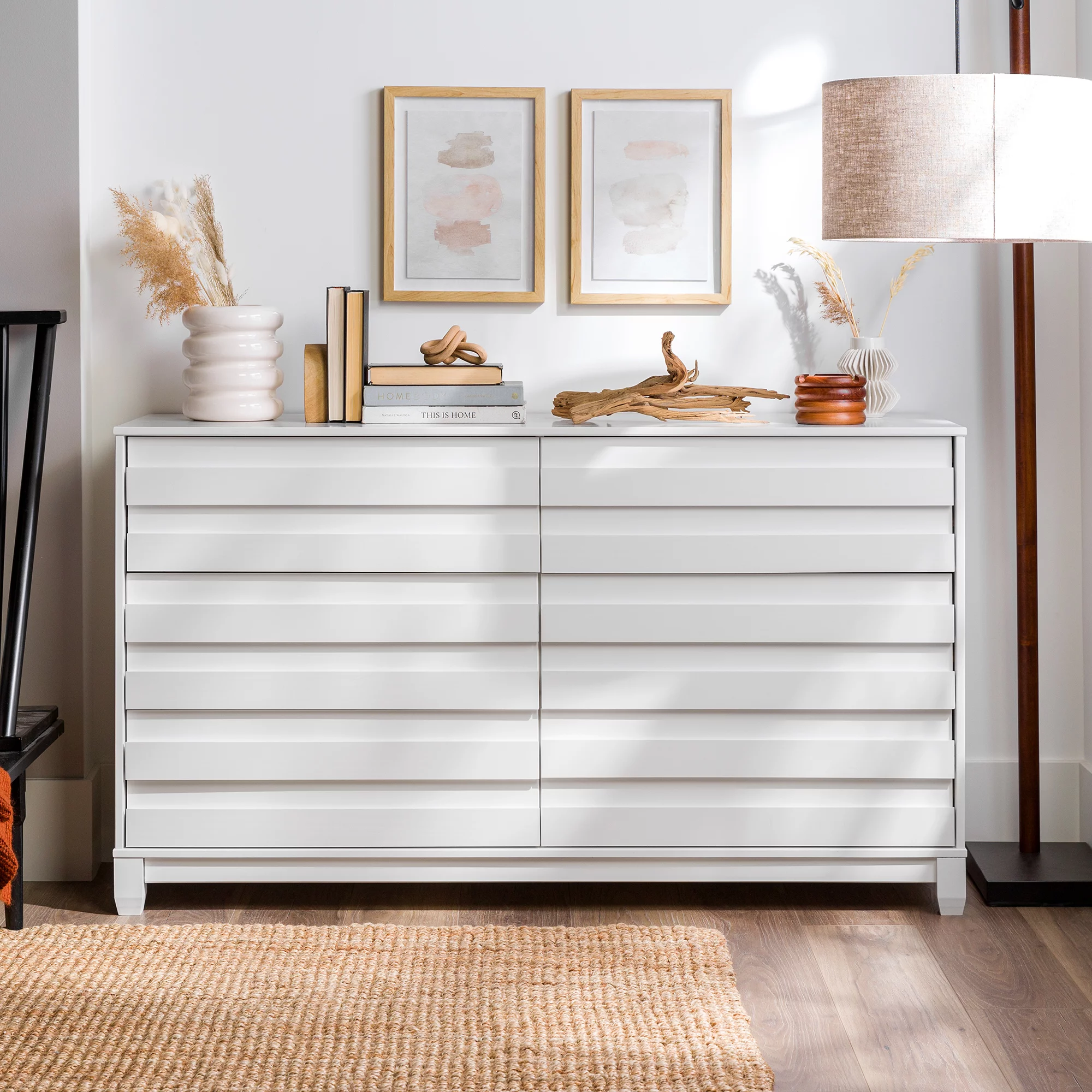 Walker Edison Modern Beveled 6 Drawer Dresser, White