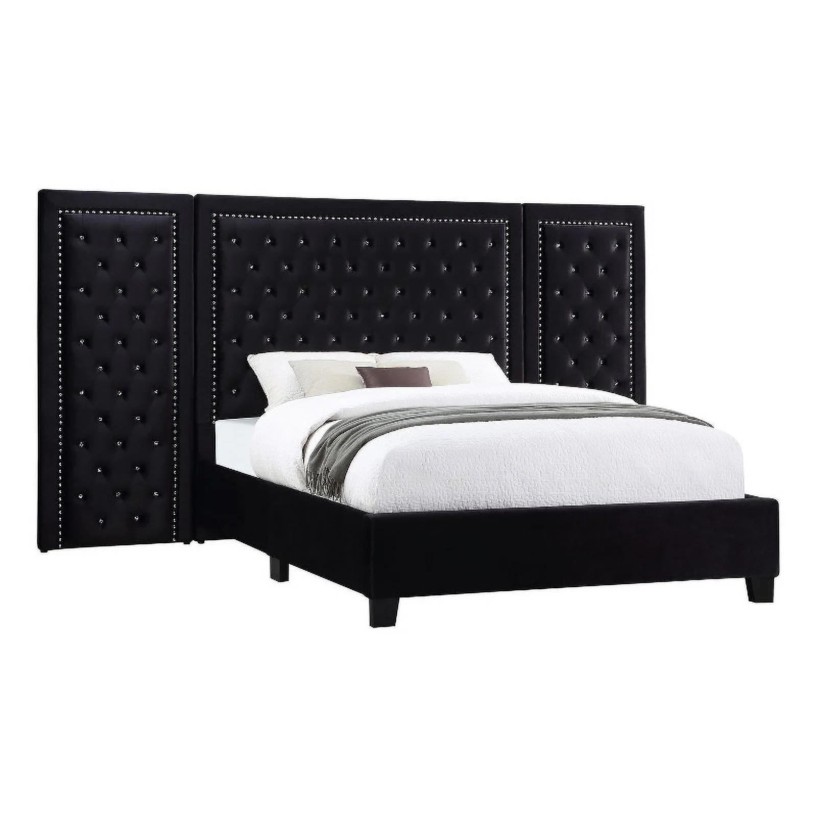 Pemberly Row Velvet Upholstered Platform Queen Bed with Panel Black